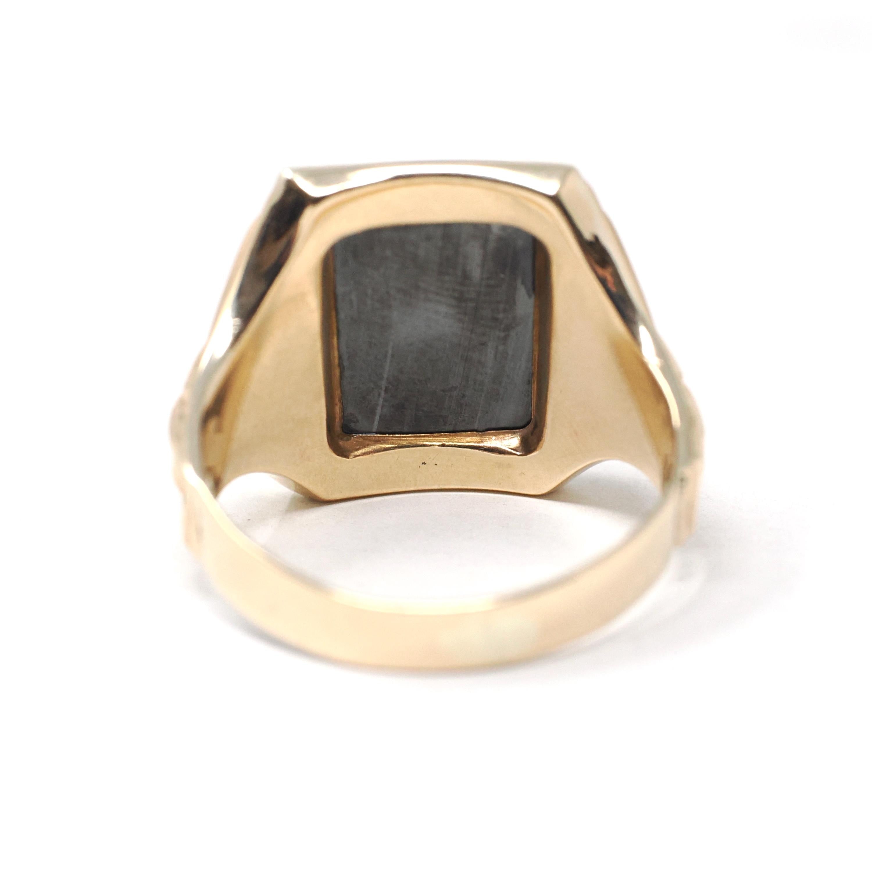 Vintage Hematite Ring - Mid Century 10k Yellow Gold Intaglio Carved Gray Gem - Circa 1940s Era Size 8 1/2 Statement Fine Unisex 40s Jewelry