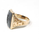 Vintage Hematite Ring - Mid Century 10k Yellow Gold Intaglio Carved Gray Gem - Circa 1940s Era Size 8 1/2 Statement Fine Unisex 40s Jewelry