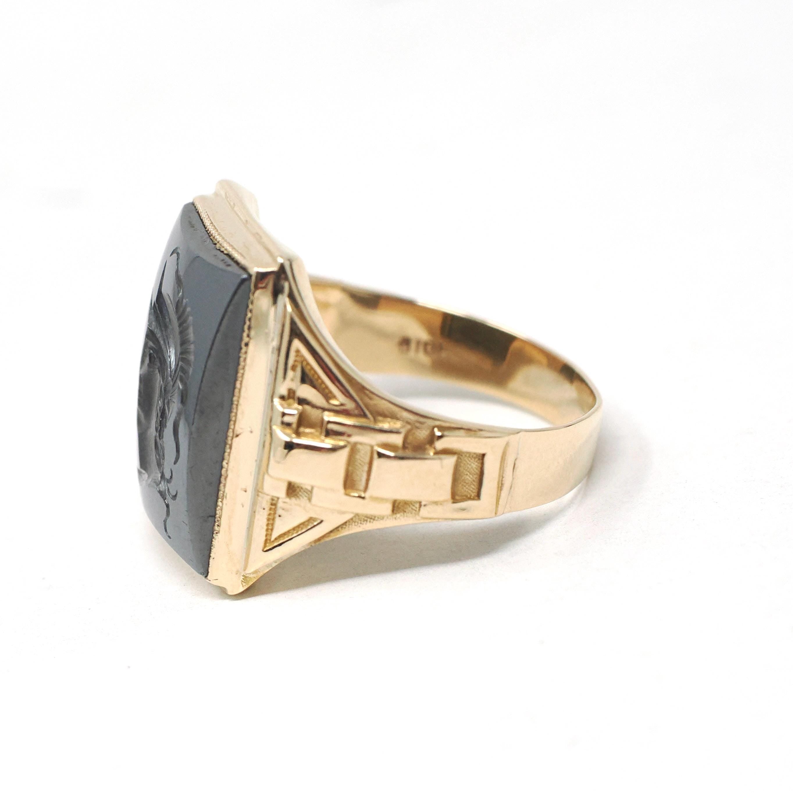 Vintage Hematite Ring - Mid Century 10k Yellow Gold Intaglio Carved Gray Gem - Circa 1940s Era Size 8 1/2 Statement Fine Unisex 40s Jewelry