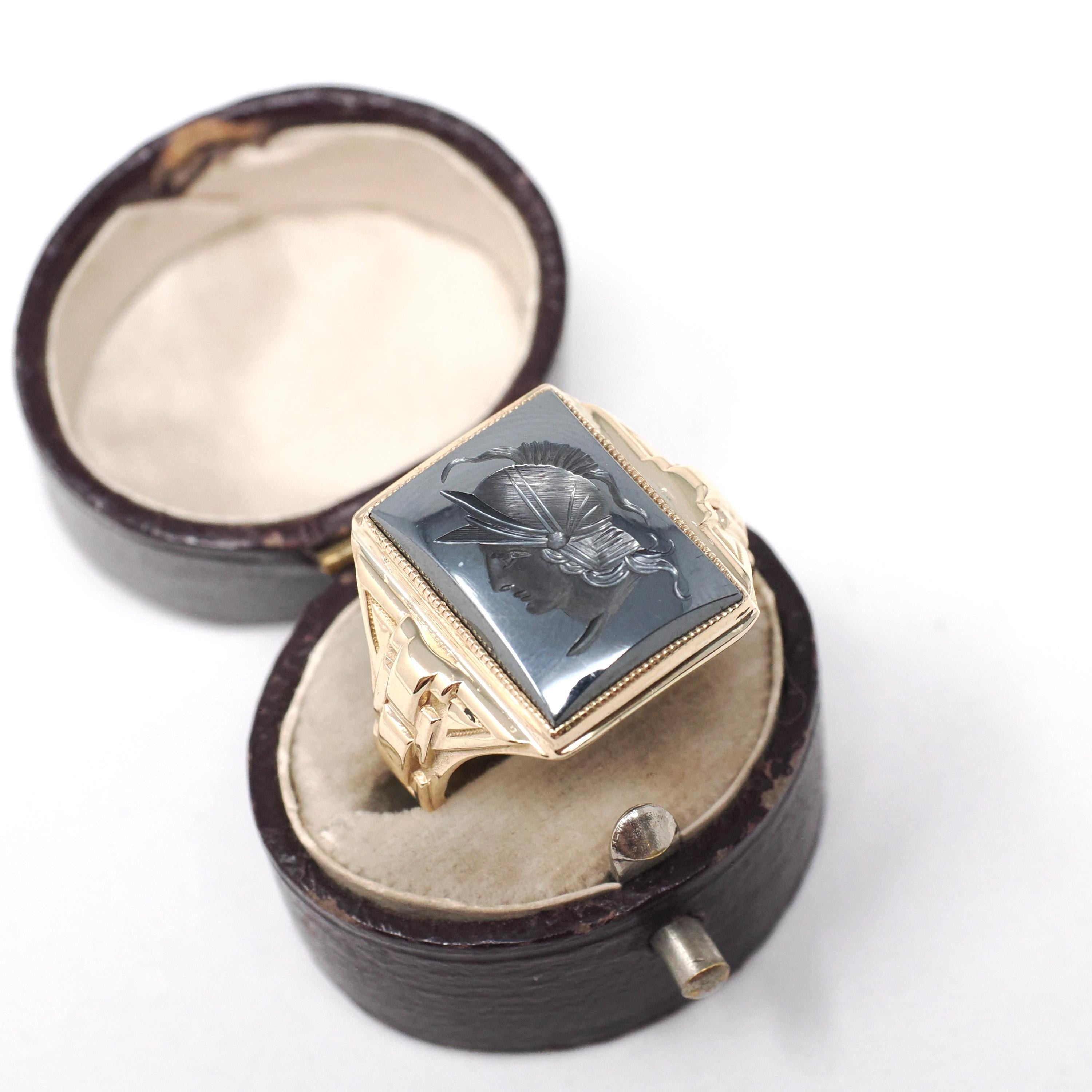 Vintage Hematite Ring - Mid Century 10k Yellow Gold Intaglio Carved Gray Gem - Circa 1940s Era Size 8 1/2 Statement Fine Unisex 40s Jewelry