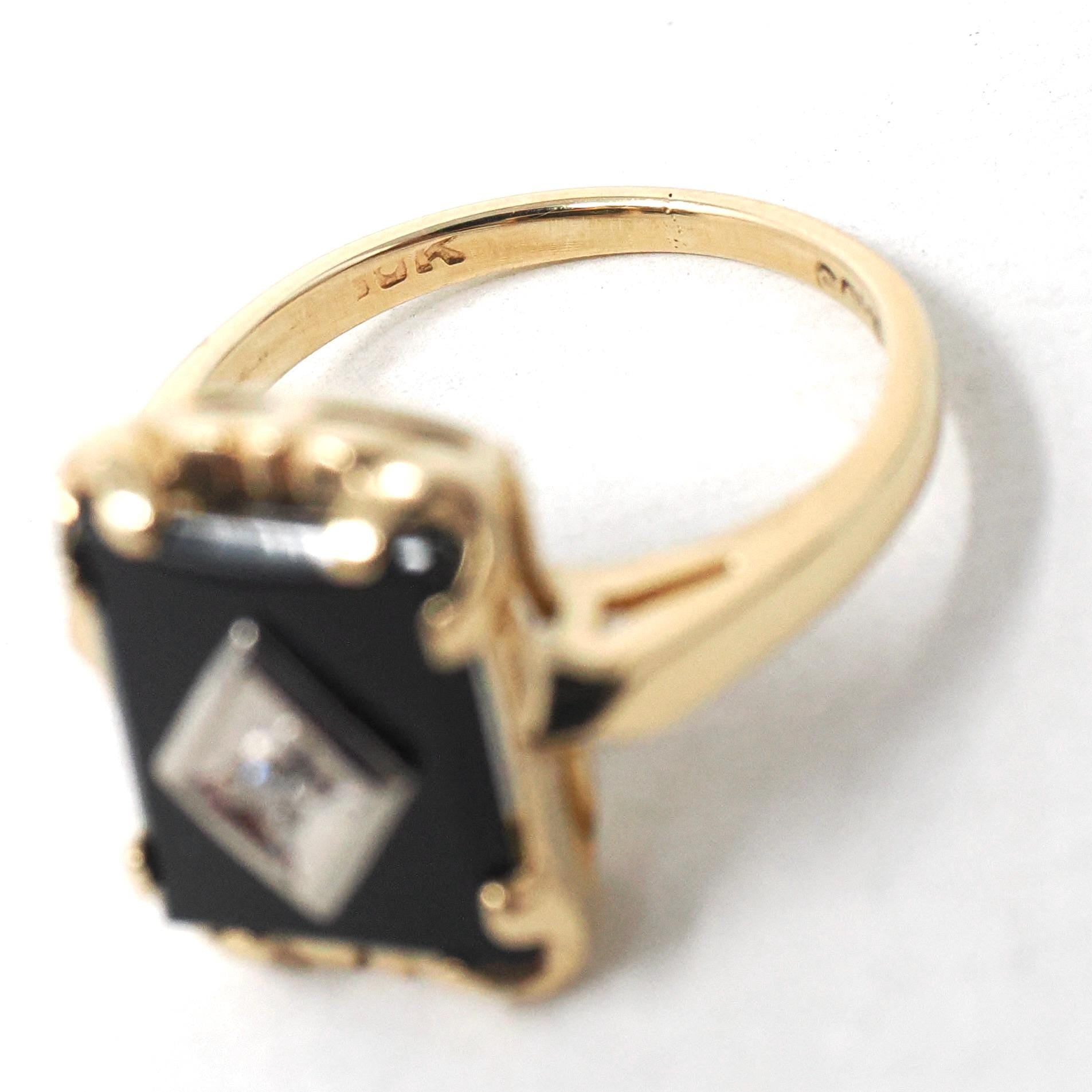 Vintage Onyx Ring - Mid Century 10k Yellow Gold Rectangular Black Cut Gem - Circa 1940s Era Size 3 1/4 Natural Diamond Chalcedony Jewelry