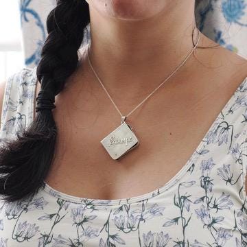 Vintage Stamp Book Locket - Estate English Sterling Silver Collectors Pendant Necklace - Circa 1990s Era Square Memento Keepsake Jewelry