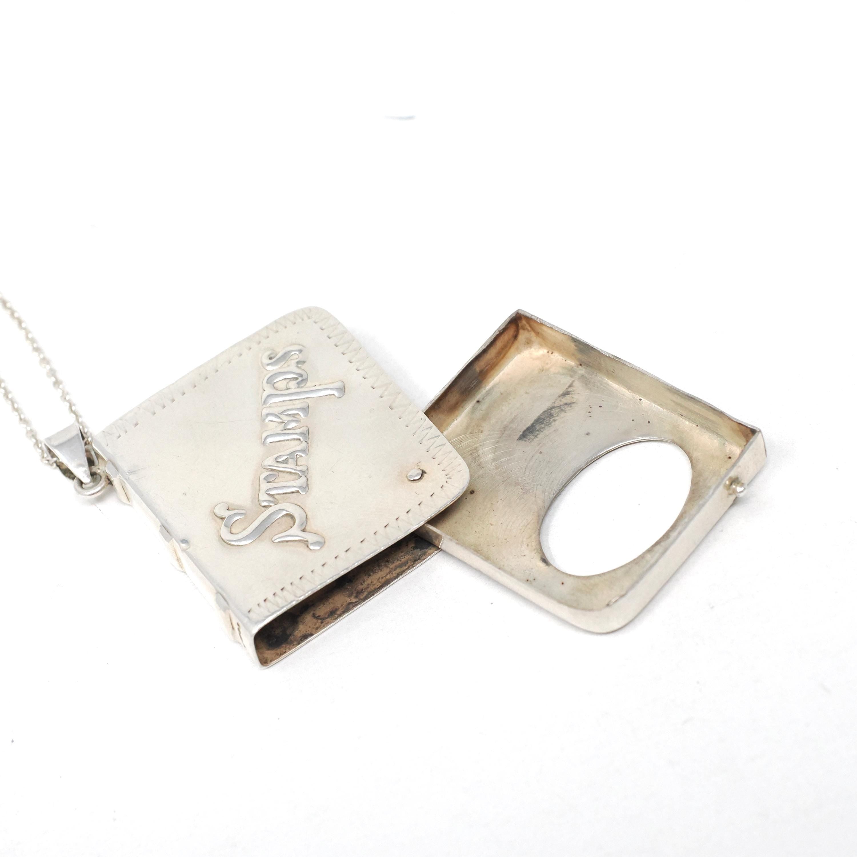 Vintage Stamp Book Locket - Estate English Sterling Silver Collectors Pendant Necklace - Circa 1990s Era Square Memento Keepsake Jewelry