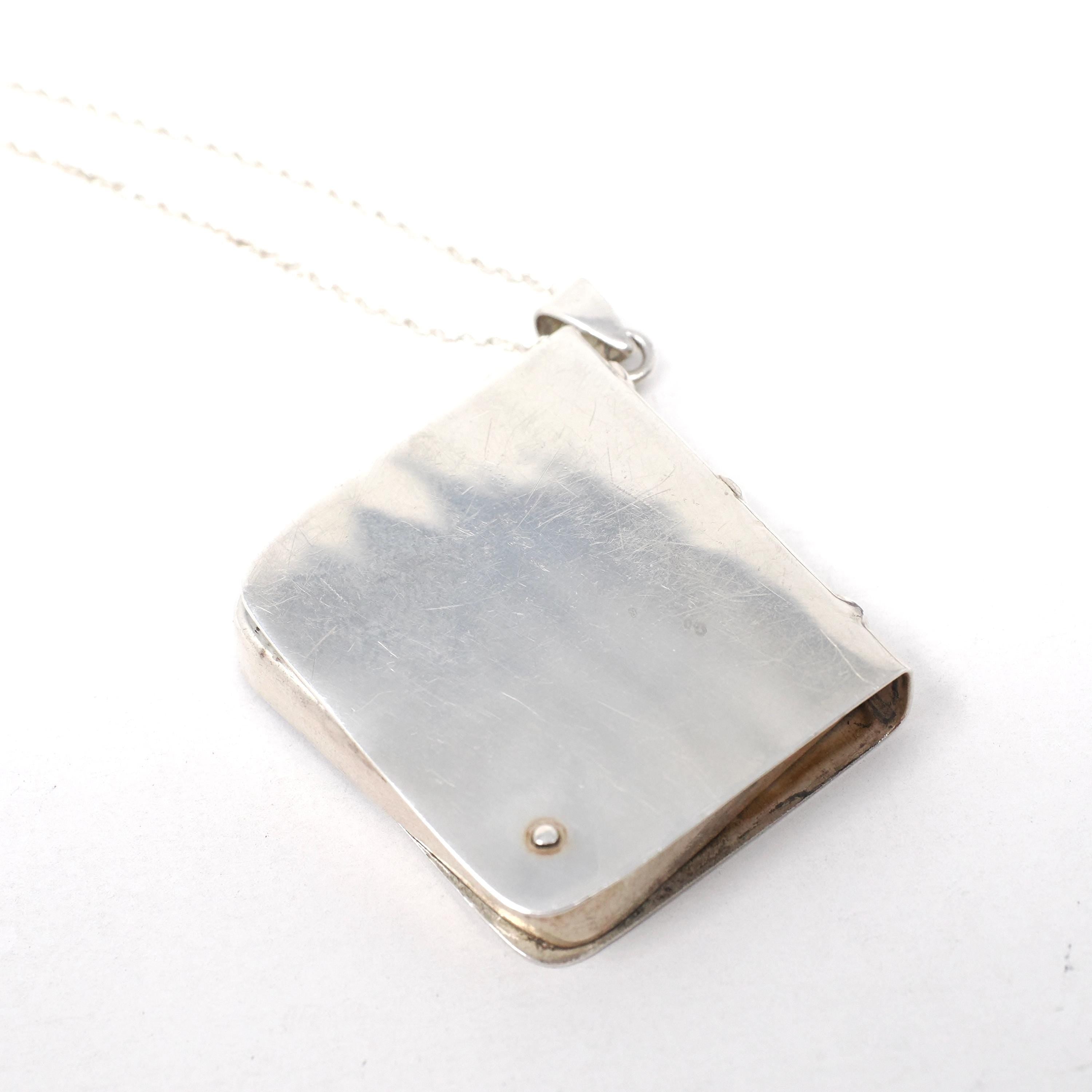 Vintage Stamp Book Locket - Estate English Sterling Silver Collectors Pendant Necklace - Circa 1990s Era Square Memento Keepsake Jewelry