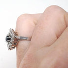 Modern Estate Cocktail Ring - 18K White Gold Natural Diamonds Blue Sapphires Square Halo - Circa 2000 Size 5 Illusion Fine Jewelry