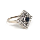 Modern Estate Cocktail Ring - 18K White Gold Natural Diamonds Blue Sapphires Square Halo - Circa 2000 Size 5 Illusion Fine Jewelry