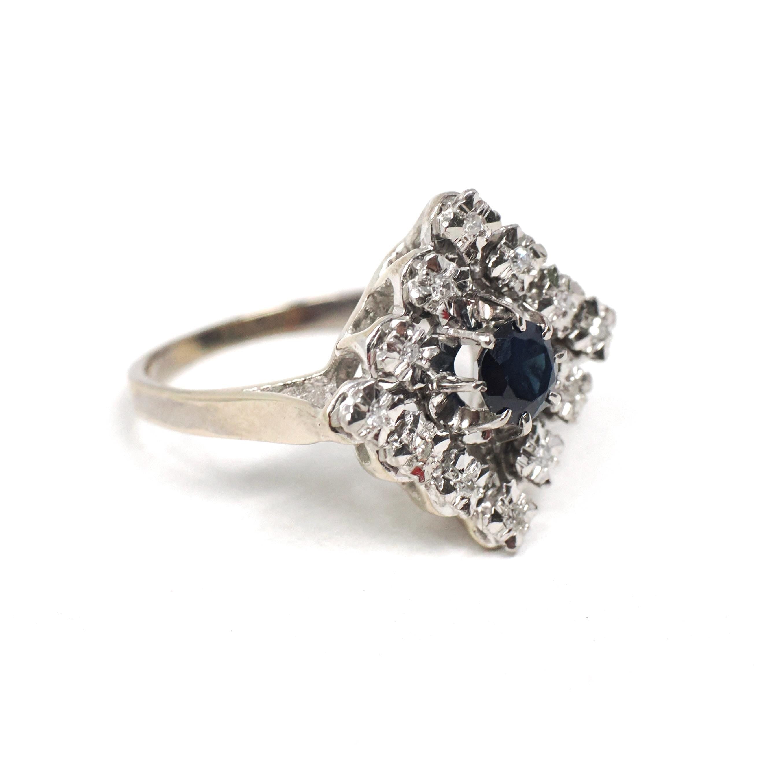 Modern Estate Cocktail Ring - 18K White Gold Natural Diamonds Blue Sapphires Square Halo - Circa 2000 Size 5 Illusion Fine Jewelry