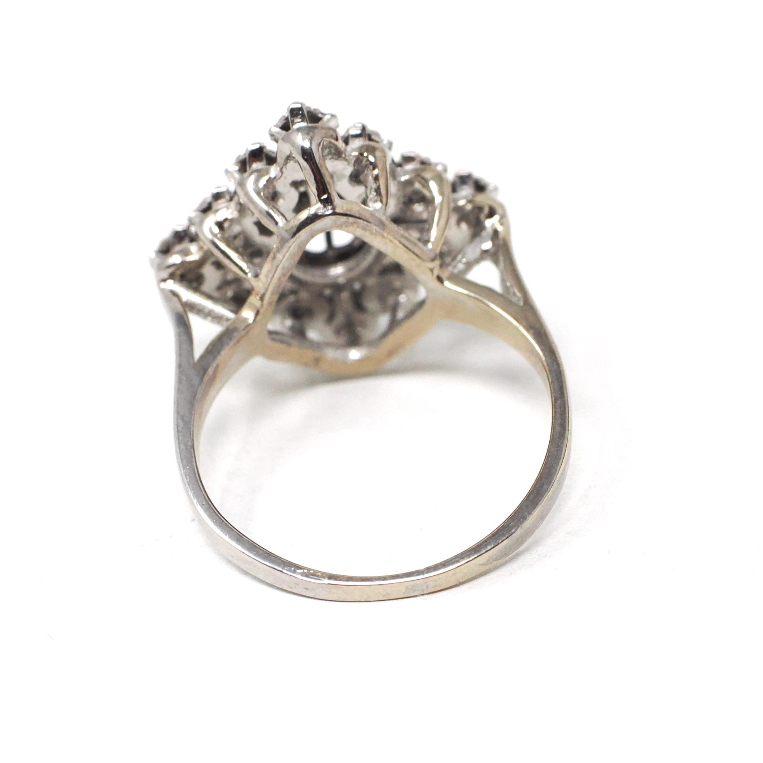 Modern Estate Cocktail Ring - 18K White Gold Natural Diamonds Blue Sapphires Square Halo - Circa 2000 Size 5 Illusion Fine Jewelry