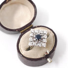 Modern Estate Cocktail Ring - 18K White Gold Natural Diamonds Blue Sapphires Square Halo - Circa 2000 Size 5 Illusion Fine Jewelry