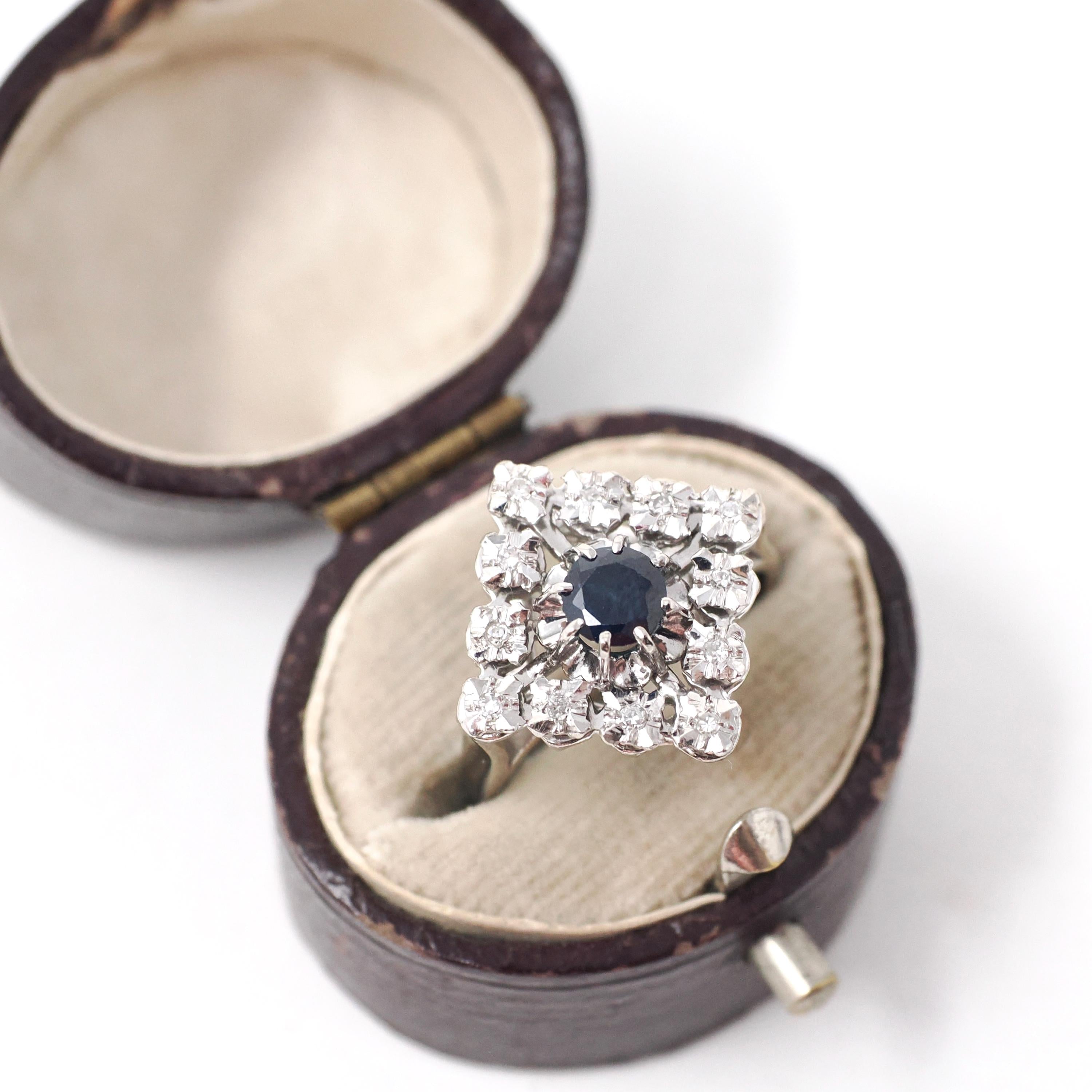Modern Estate Cocktail Ring - 18K White Gold Natural Diamonds Blue Sapphires Square Halo - Circa 2000 Size 5 Illusion Fine Jewelry