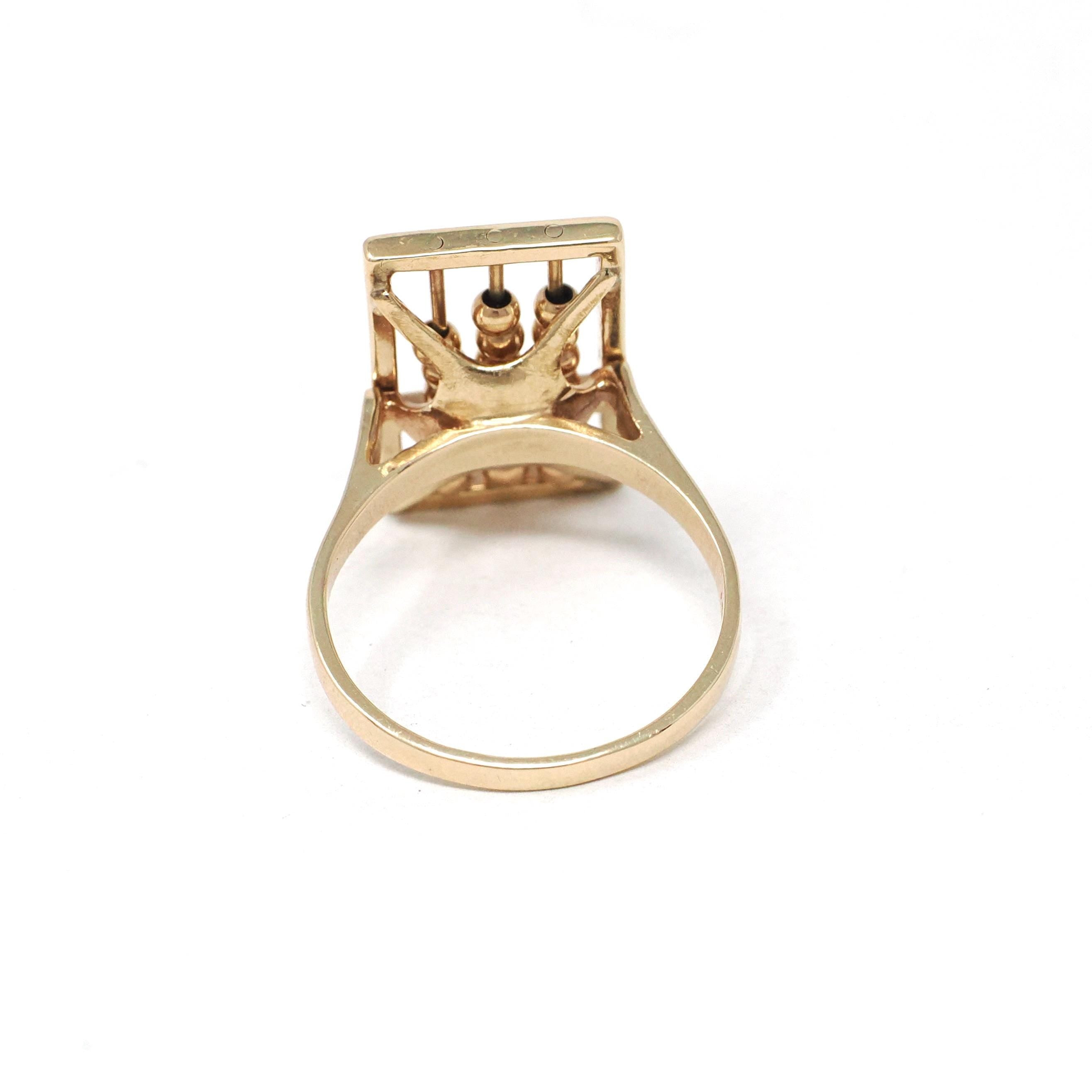 Vintage Abacus Ring - Retro 14k Yellow Gold Articulated Ancient Calculator - Circa 1960s Era Size 7 Educator Teacher Statement Fine Jewelry