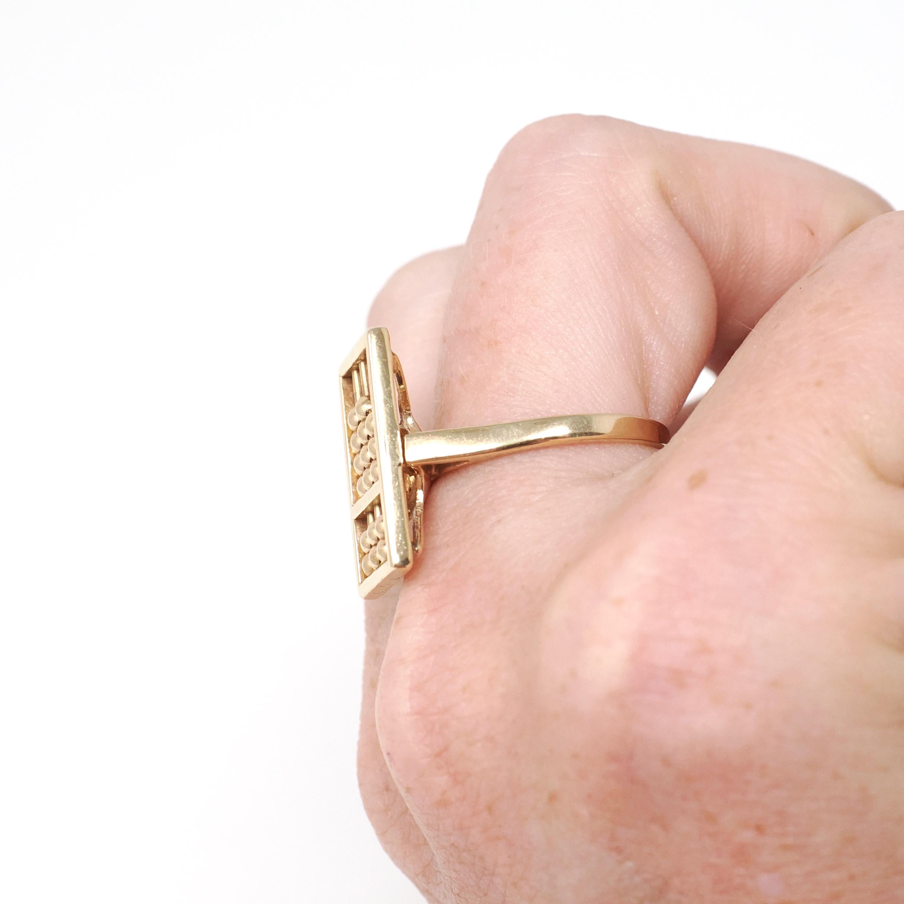 Vintage Abacus Ring - Retro 14k Yellow Gold Articulated Ancient Calculator - Circa 1960s Era Size 7 Educator Teacher Statement Fine Jewelry