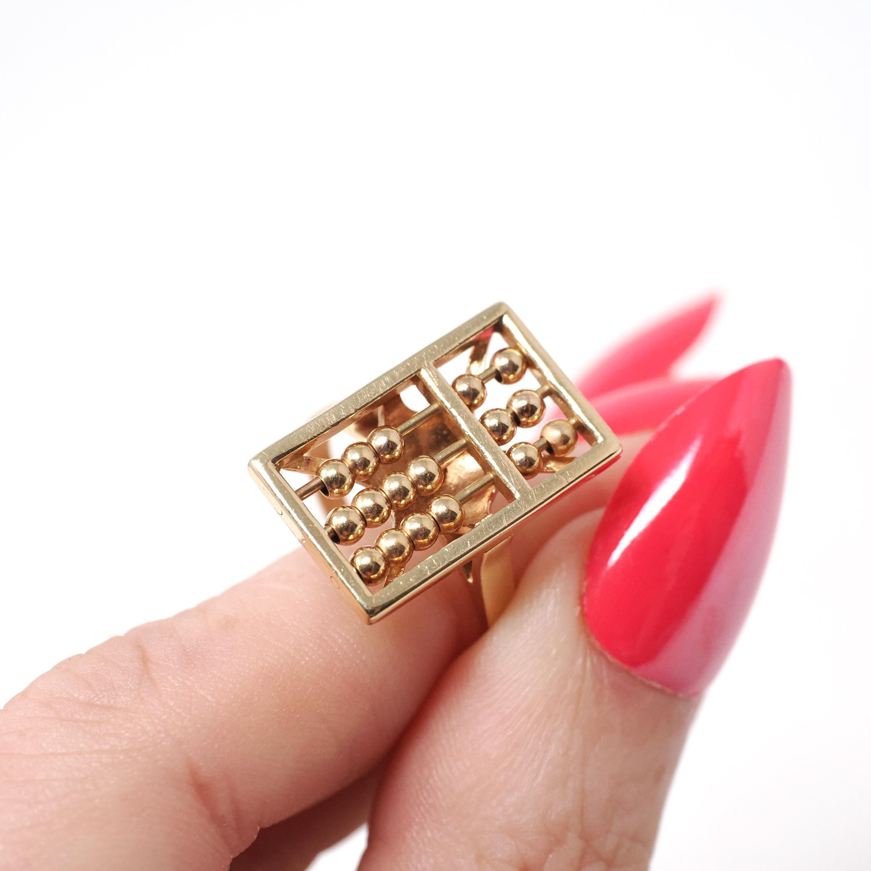 Vintage Abacus Ring - Retro 14k Yellow Gold Articulated Ancient Calculator - Circa 1960s Era Size 7 Educator Teacher Statement Fine Jewelry