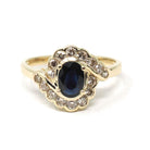 Sapphire & Diamond Halo Ring - Estate 14k Yellow Gold Oval Floral Cluster - Modern Circa 2000s Era Size 7 1/2 Engagement Fine Bridal Jewelry
