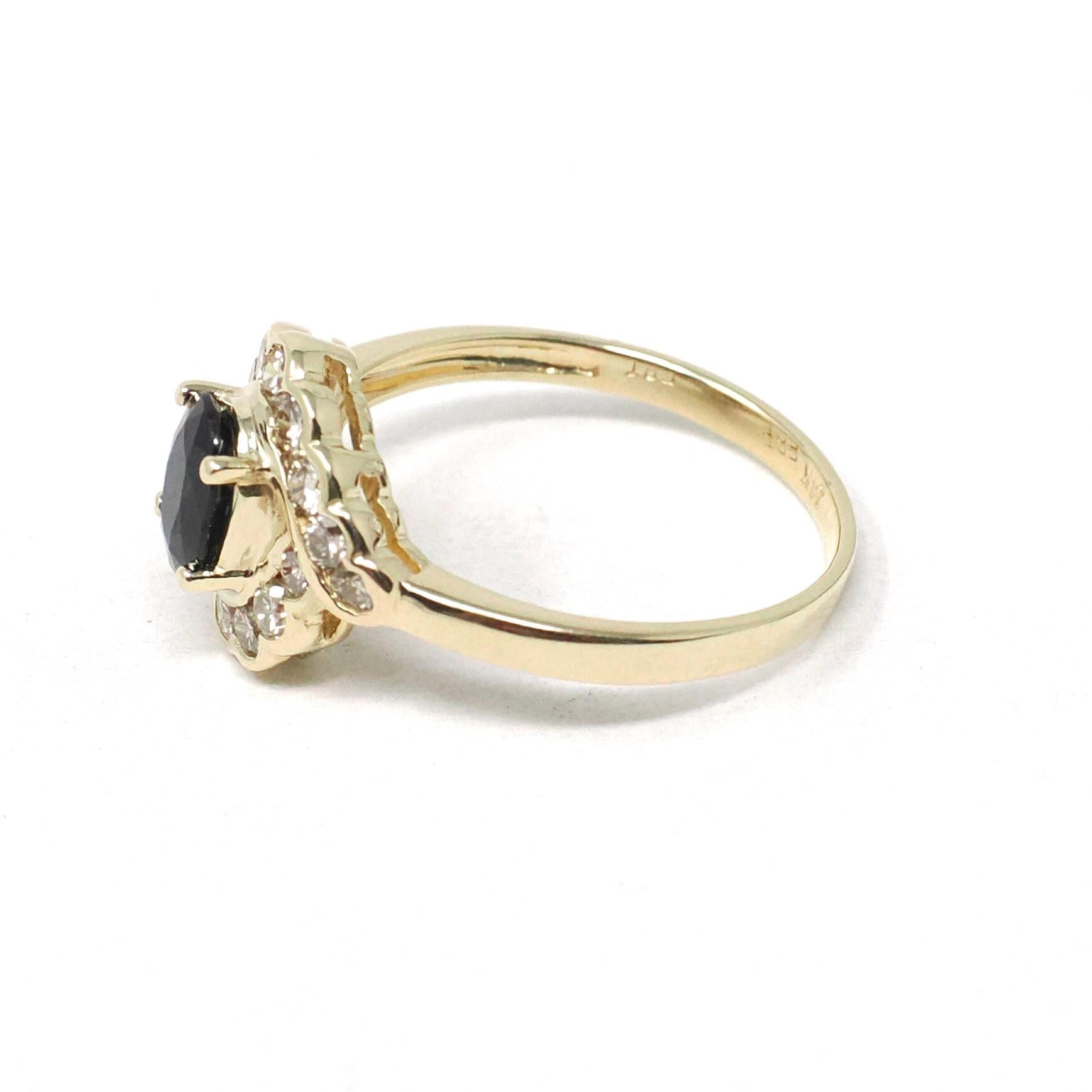 Sapphire & Diamond Halo Ring - Estate 14k Yellow Gold Oval Floral Cluster - Modern Circa 2000s Era Size 7 1/2 Engagement Fine Bridal Jewelry