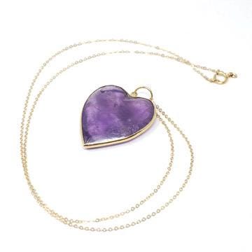 Amethyst Heart Necklace - Modern Estate 18k Yellow Gold Bezel Natural Gemstone Pendant Charm - Circa 2000s Fine February Birthstone Jewelry