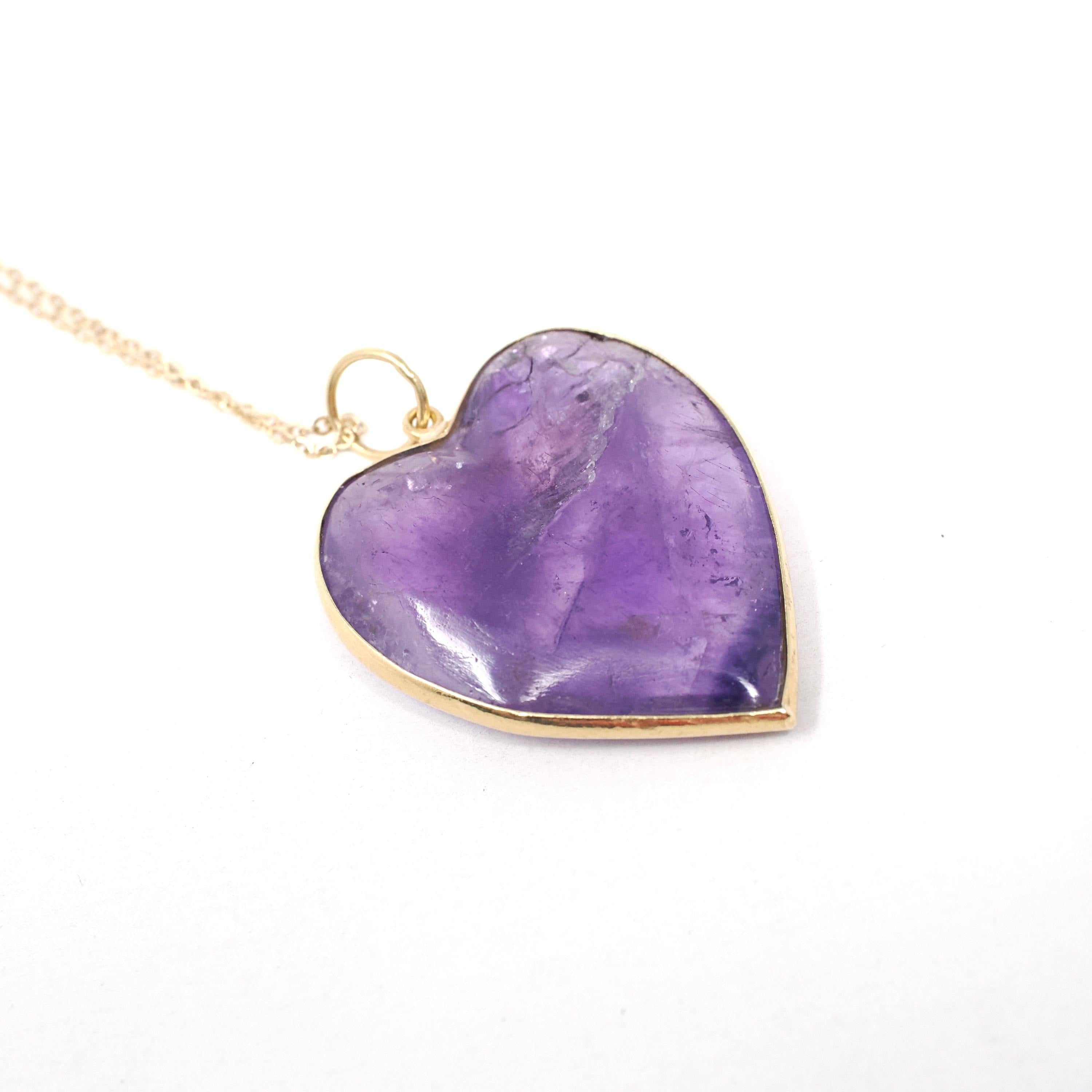 Amethyst Heart Necklace - Modern Estate 18k Yellow Gold Bezel Natural Gemstone Pendant Charm - Circa 2000s Fine February Birthstone Jewelry