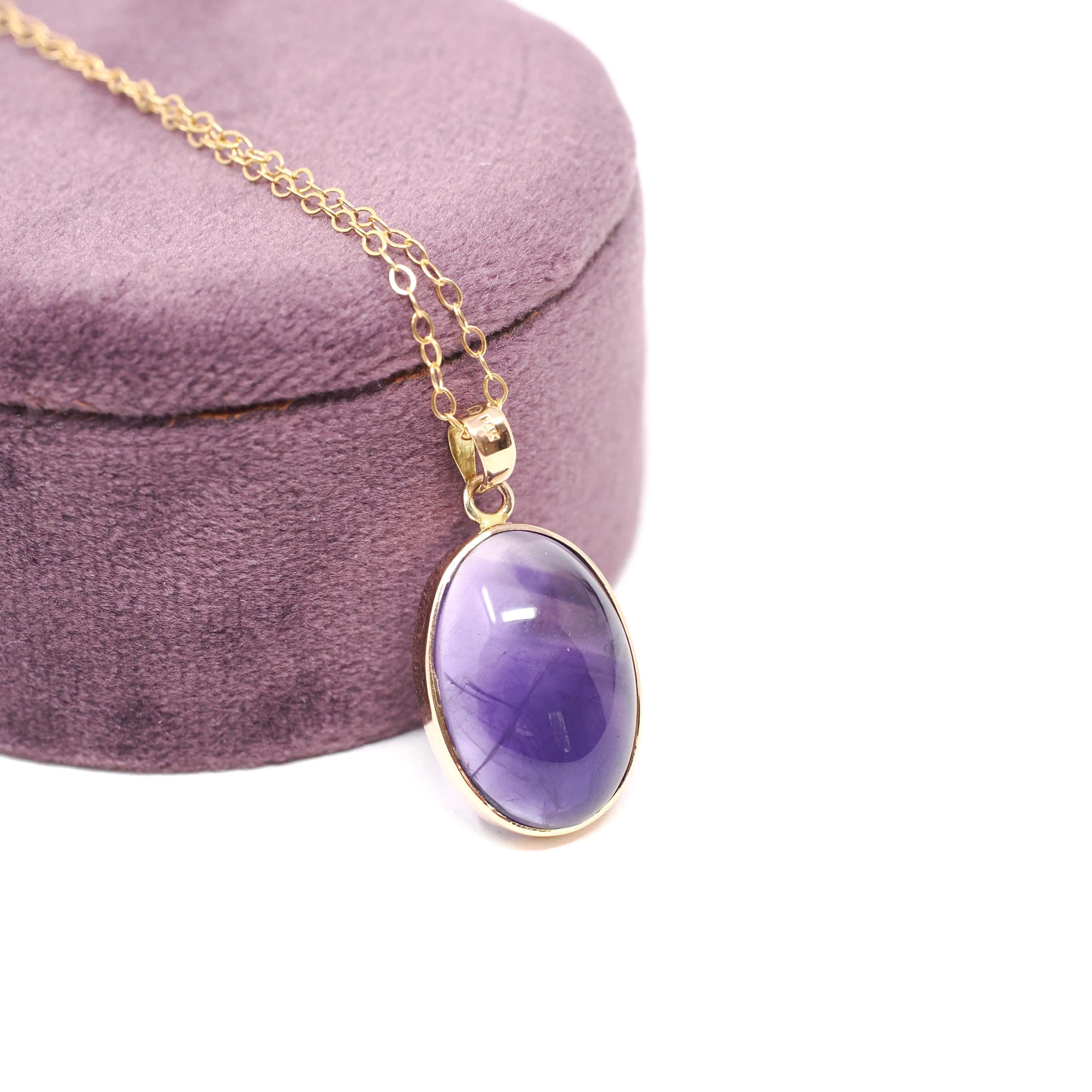 Amethyst Charm Necklace - Modern Estate 14k Yellow Gold Bezel Natural Gemstone Pendant Charm - Circa 2000s Fine February Birthstone Jewelry