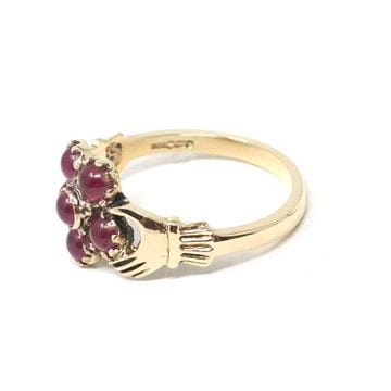 Hand Bypass Ring - Modern 9k Yellow Gold .18 TW Red Garnet Flower Halo - Estate Circa 2000s Size 6 Clasping Figural Flora Fine Jewelry