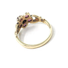 Hand Bypass Ring - Modern 9k Yellow Gold .18 TW Red Garnet Flower Halo - Estate Circa 2000s Size 6 Clasping Figural Flora Fine Jewelry