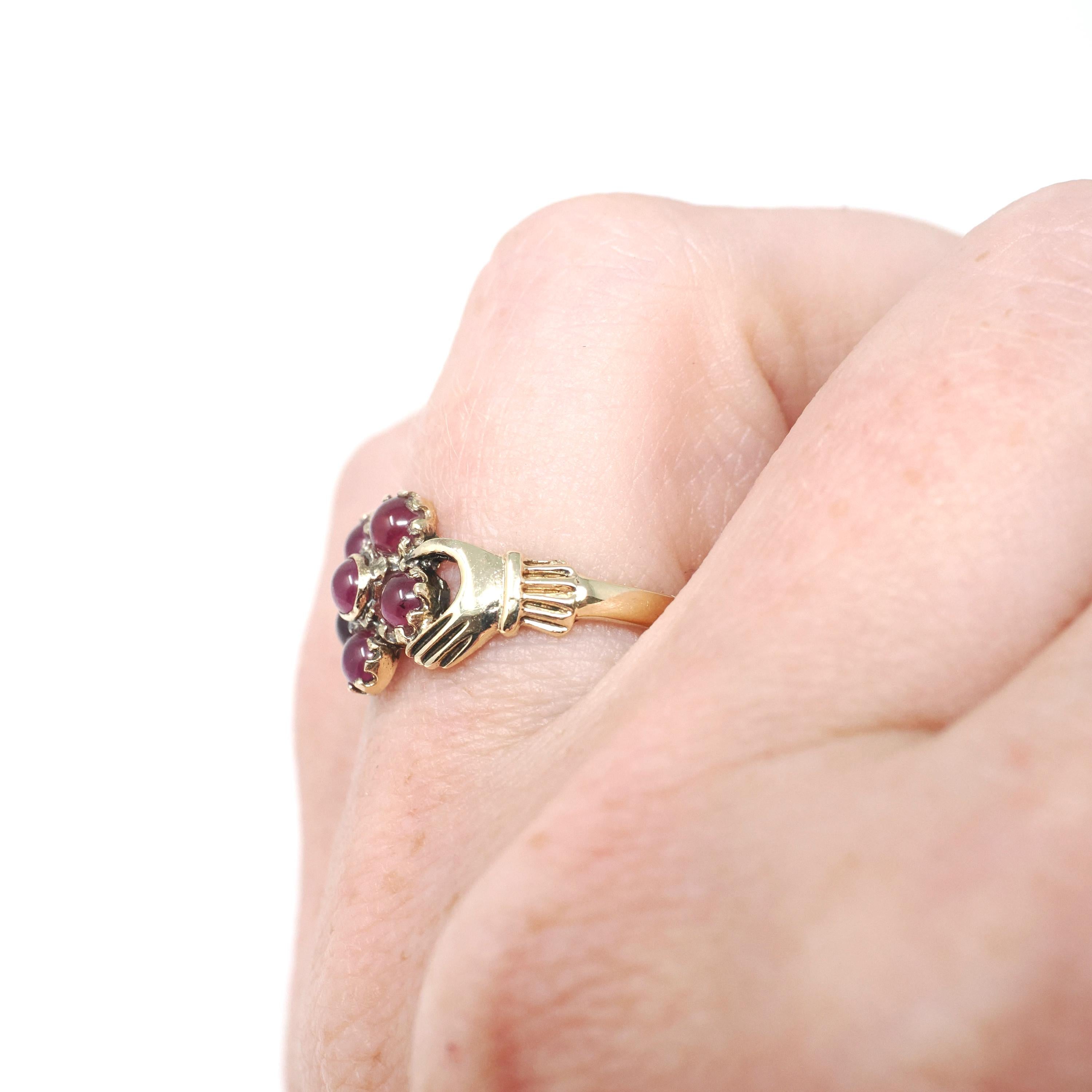 Hand Bypass Ring - Modern 9k Yellow Gold .18 TW Red Garnet Flower Halo - Estate Circa 2000s Size 6 Clasping Figural Flora Fine Jewelry