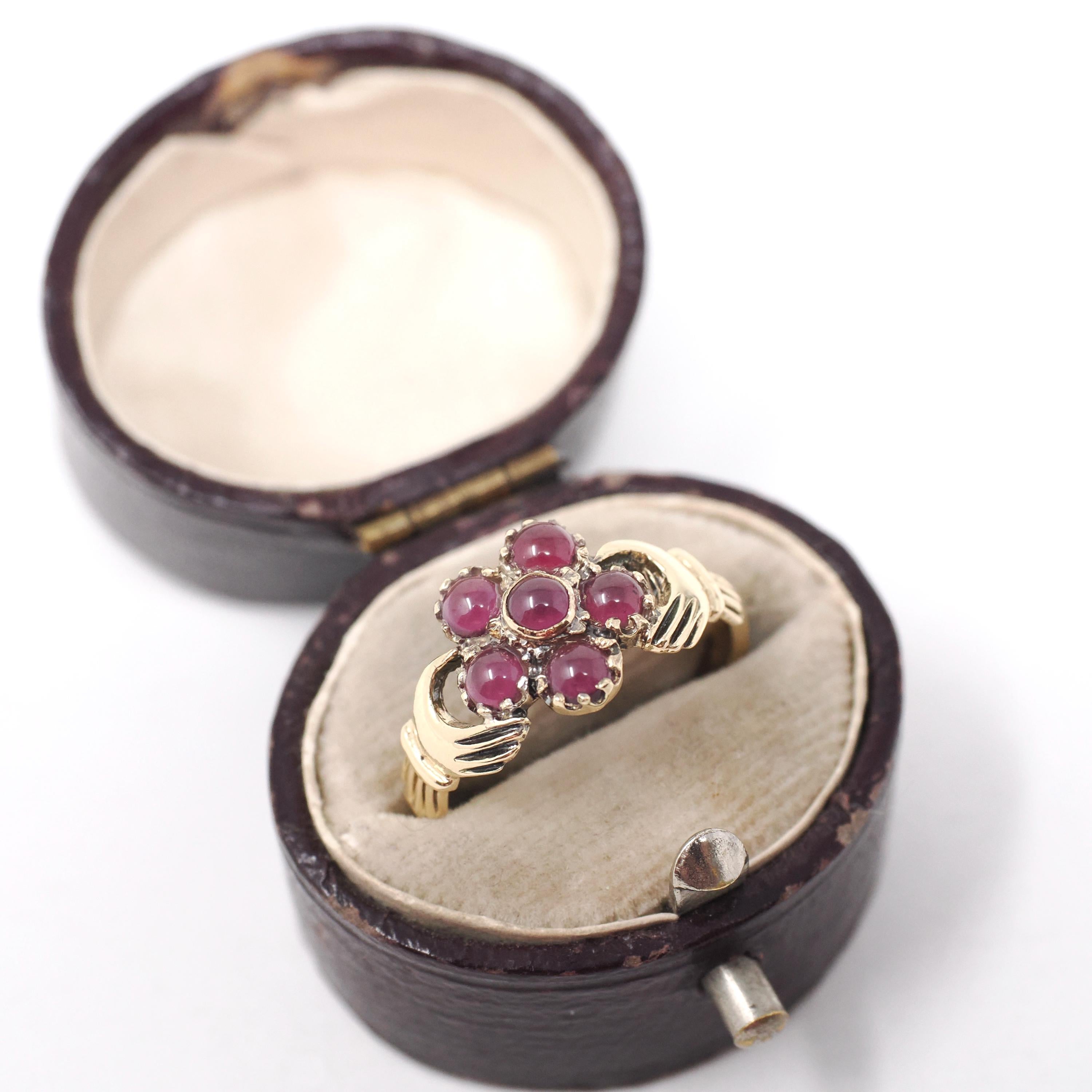 Hand Bypass Ring - Modern 9k Yellow Gold .18 TW Red Garnet Flower Halo - Estate Circa 2000s Size 6 Clasping Figural Flora Fine Jewelry
