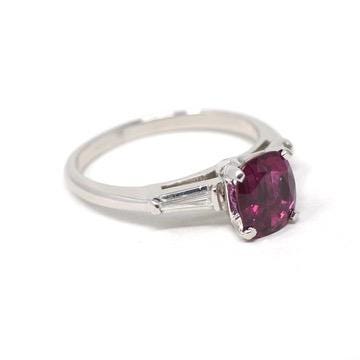 Ruby & Diamond Ring - Estate Platinum Natural Pink Red Gemstone Tapered Baguette Engagement - Modern Era Size 5 3/4 Fine Anniversary Jewelry