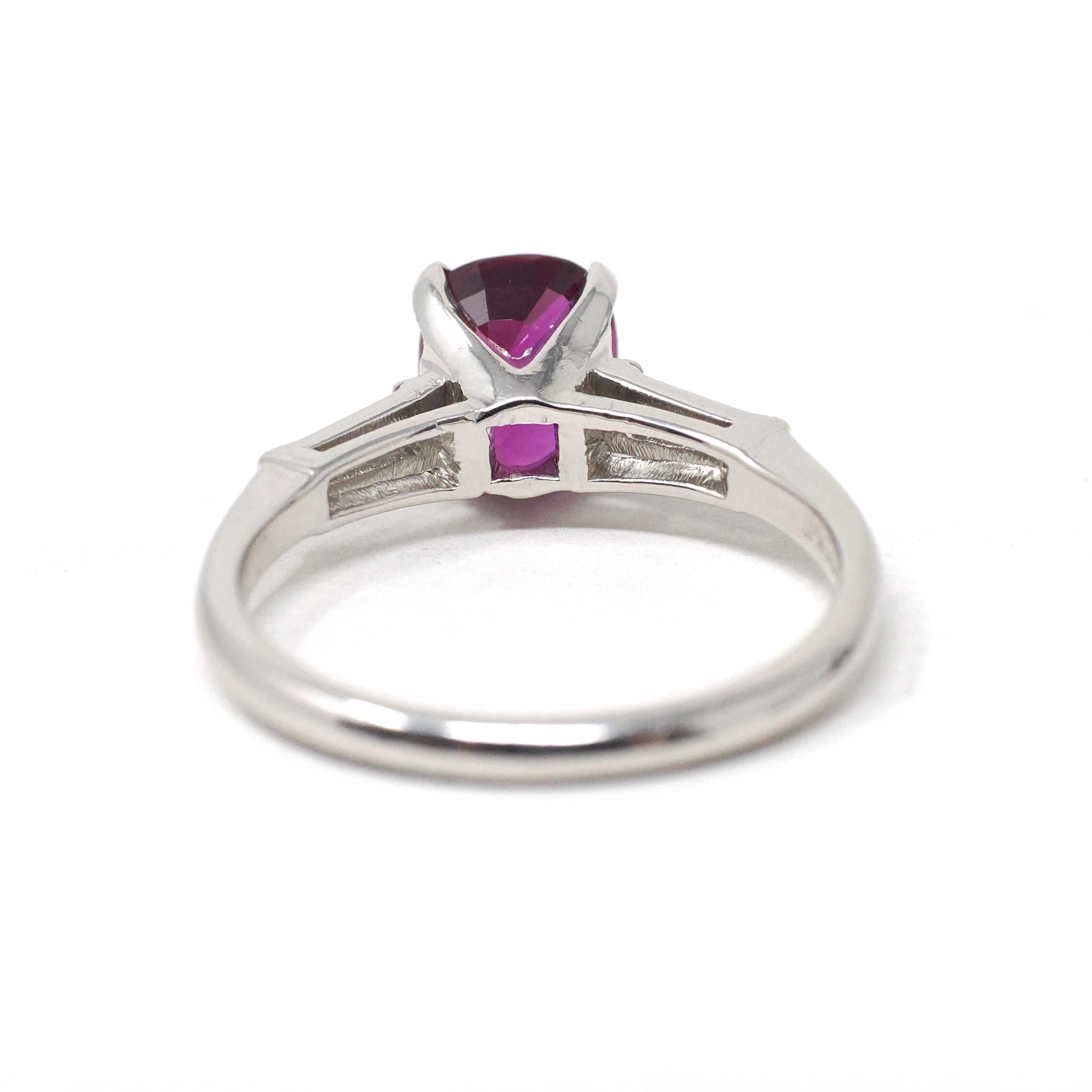Ruby & Diamond Ring - Estate Platinum Natural Pink Red Gemstone Tapered Baguette Engagement - Modern Era Size 5 3/4 Fine Anniversary Jewelry