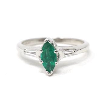 Vintage Emerald & Diamond Ring - Mid Century Platinum Natural Green Marquise Gem Engagement - Circa 1960s Era Size 6 1/4 May Fine Jewelry