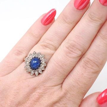 Created Star Sapphire Ring - Mid Century 14k White Gold .68 CT Blue Stone .18 CTW Diamond Halo - Circa 1950s Size 4 3/4 Fine Bridal Jewelry