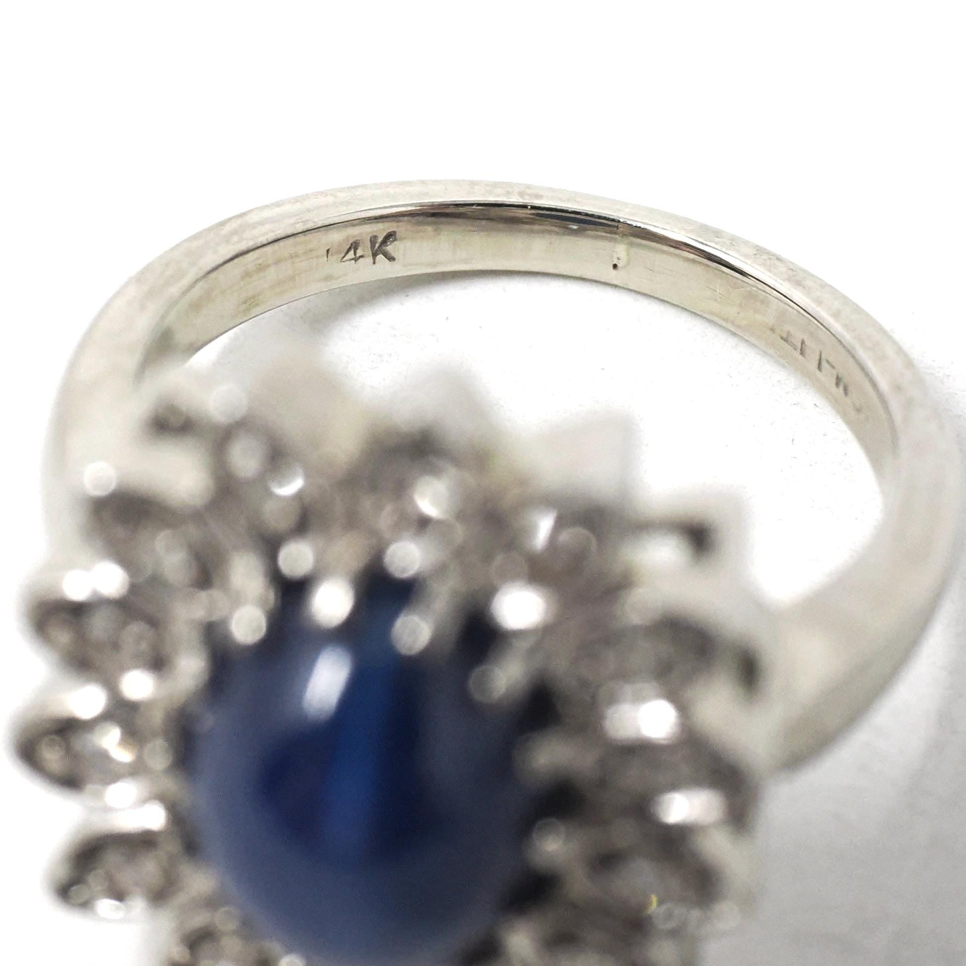 Created Star Sapphire Ring - Mid Century 14k White Gold .68 CT Blue Stone .18 CTW Diamond Halo - Circa 1950s Size 4 3/4 Fine Bridal Jewelry