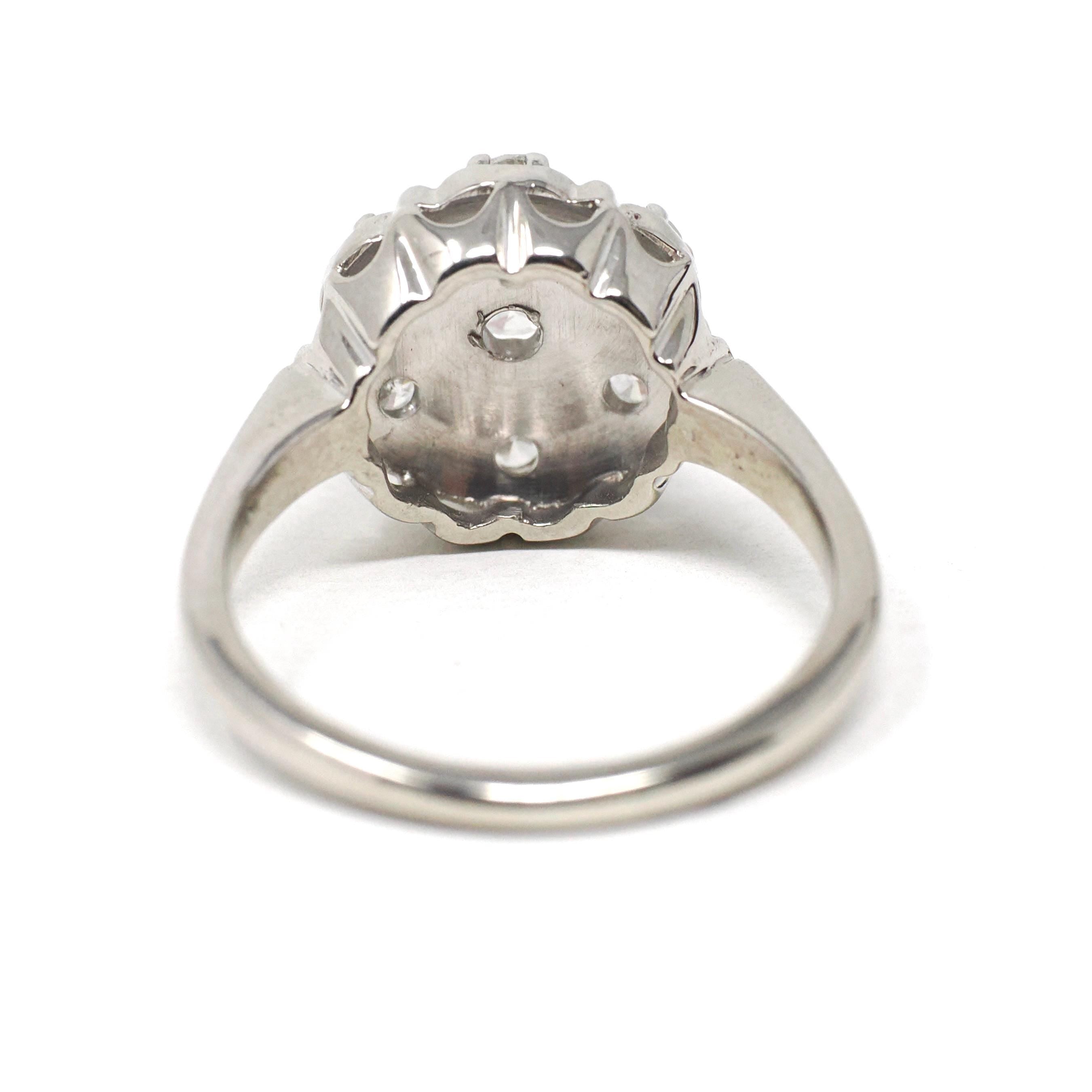 Diamond Cluster Ring - Mid Century 14k White Gold .75 CTW Natural Prong Set Halo - Vintage Circa 1950s Size 8.5 Celestial Dome Fine Jewelry