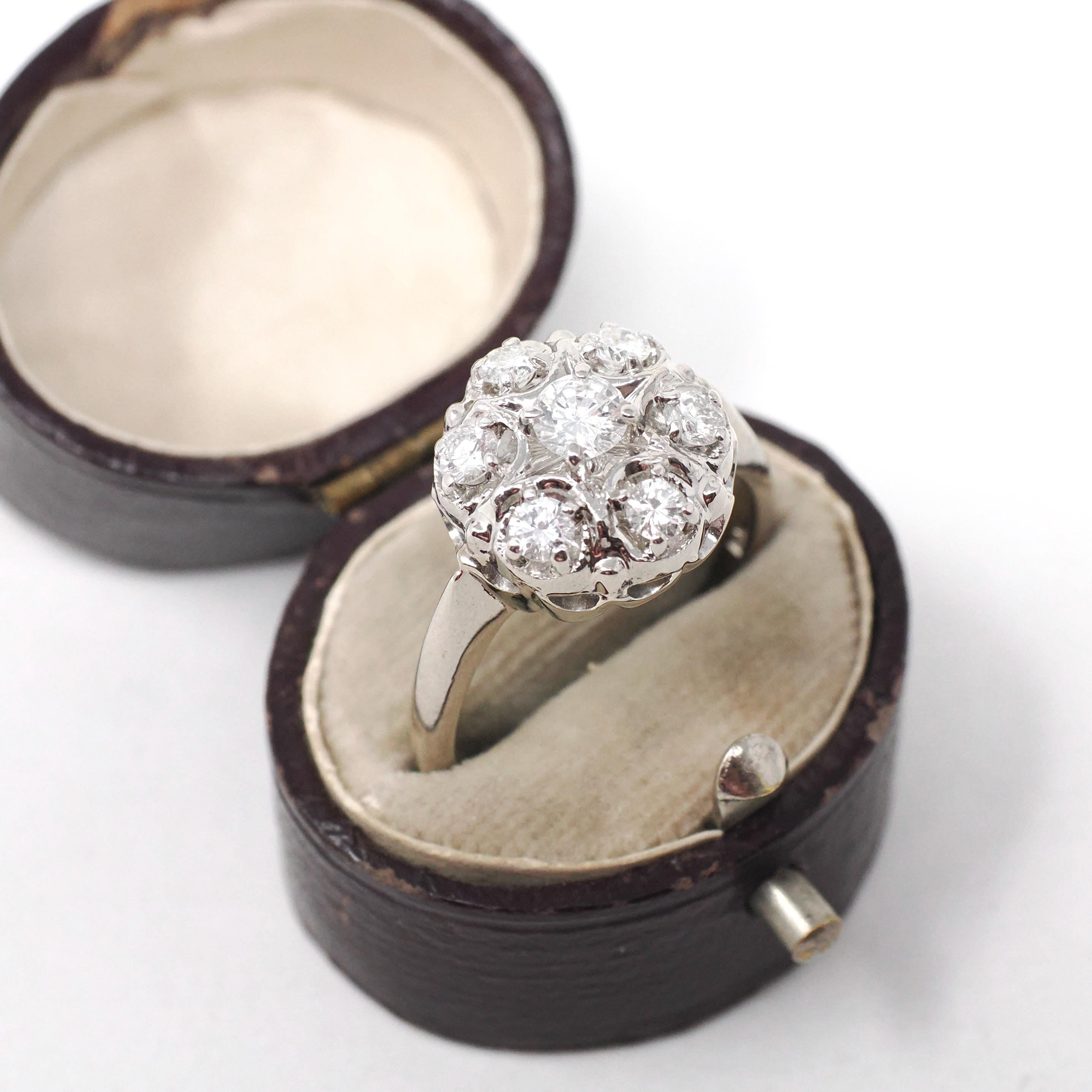 Diamond Cluster Ring - Mid Century 14k White Gold .75 CTW Natural Prong Set Halo - Vintage Circa 1950s Size 8.5 Celestial Dome Fine Jewelry