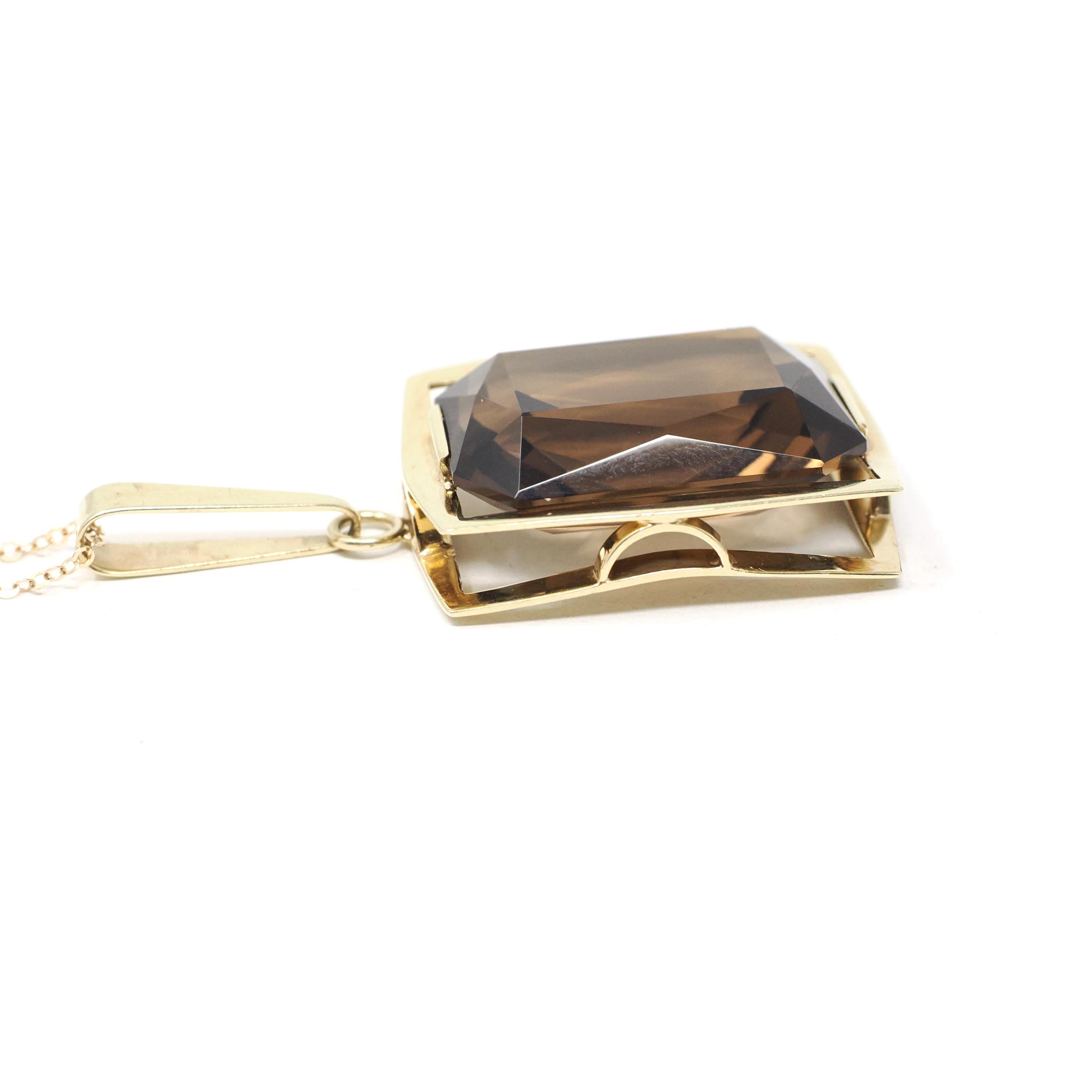 Smoky Quartz Necklace - Estate 14k Yellow Gold Natural Brown Emerald Cut 27.57 CT Gemstone Pendant - Circa 1990s Era Statement Fine Jewelry