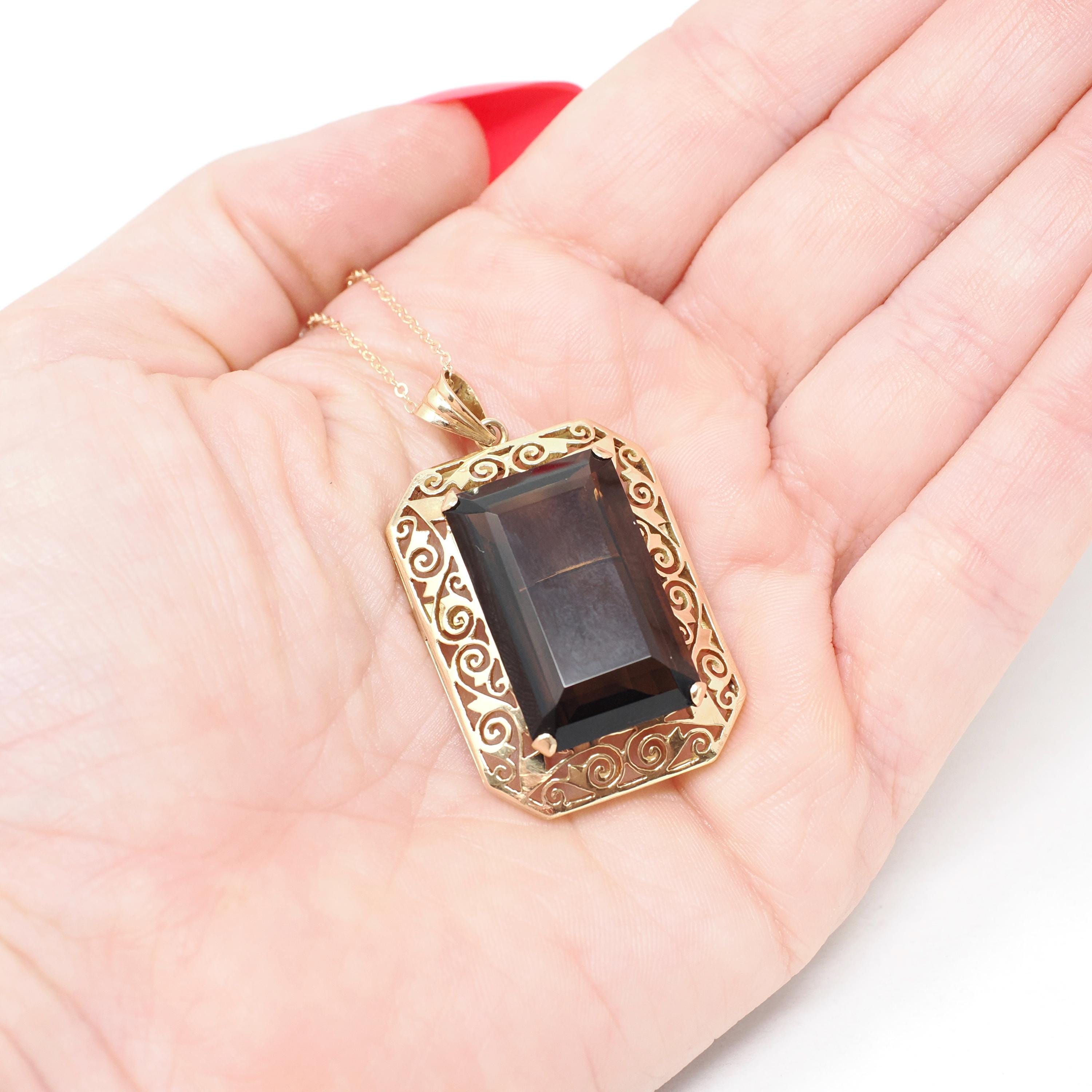 Brooch Conversion Necklace - Retro Era 14k Yellow Gold Natural Brown Smoky Quartz Gemstone Filigree Halo - Circa 1970s Era Fine Jewelry