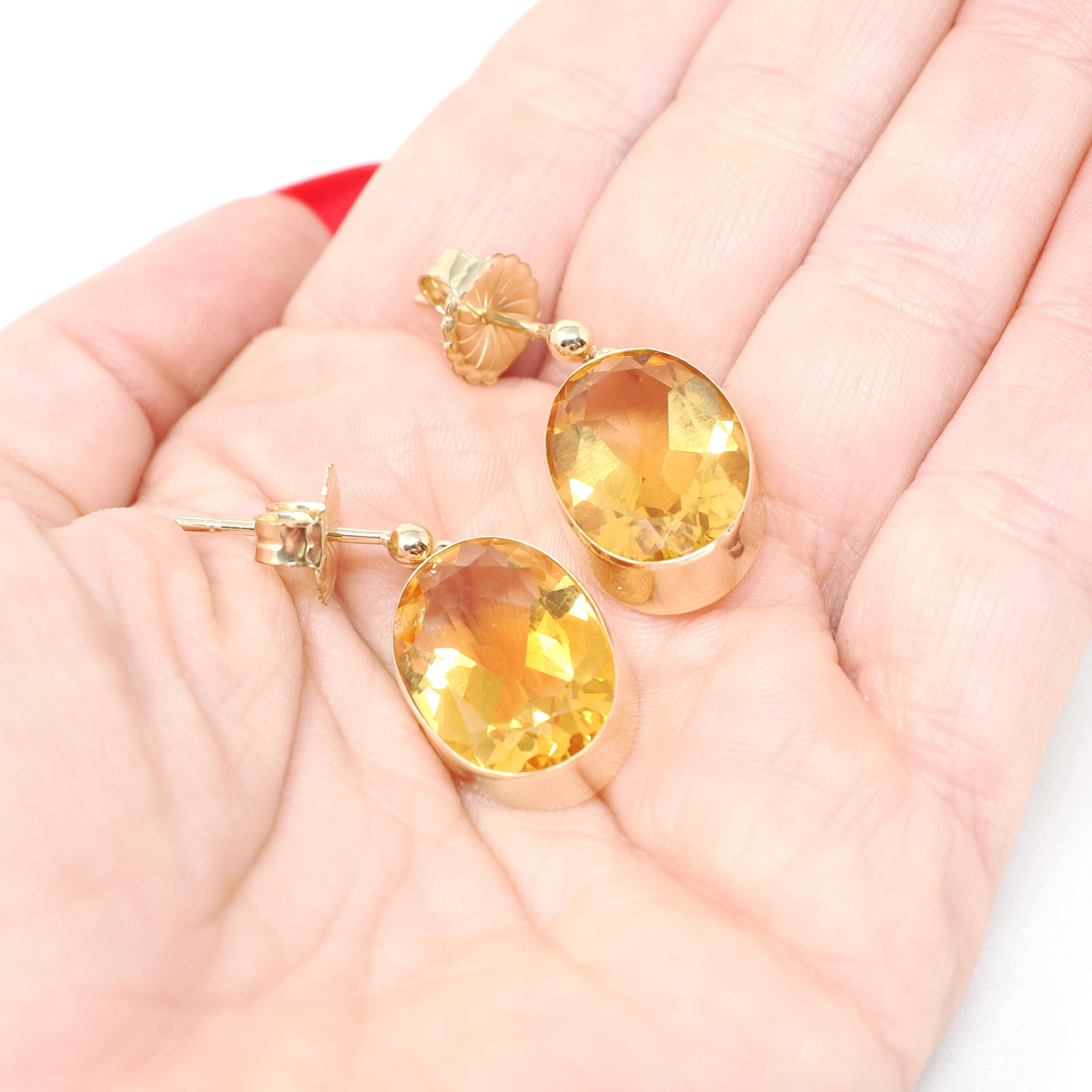Modern Citrine Earrings - Estate 9k English Yellow Gold Natural Orange Oval Bezel Gem Post Drops - Dated 1997 Pierced Fine November Jewelry