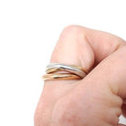Rolling Trinity Ring - Vintage 9k Yellow Rose & White Gold Three Interlocking Bands - Modern Estate Year 1987 Size 6.5 Tri Tone Fine Jewelry