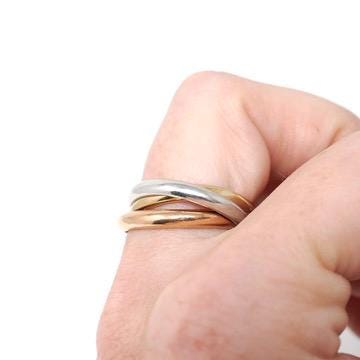 Rolling Trinity Ring - Vintage 9k Yellow Rose & White Gold Three Interlocking Bands - Modern Estate Year 1987 Size 6.5 Tri Tone Fine Jewelry