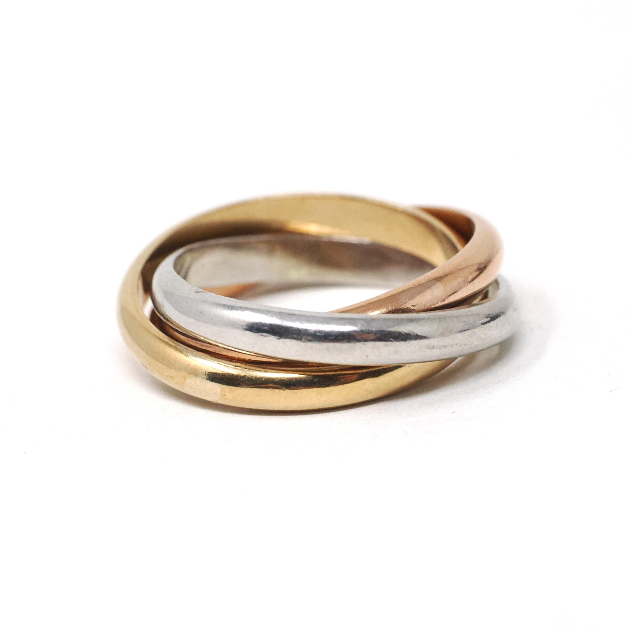 Rolling Trinity Ring - Vintage 9k Yellow Rose & White Gold Three Interlocking Bands - Modern Estate Year 1987 Size 6.5 Tri Tone Fine Jewelry