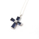 Created Blue Sapphire Cross Necklace - Modern 10k White Gold Diamond Accent Pendant Charm - Circa 2000s Era Religious Faith Fine Jewelry