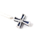 Created Blue Sapphire Cross Necklace - Modern 10k White Gold Diamond Accent Pendant Charm - Circa 2000s Era Religious Faith Fine Jewelry
