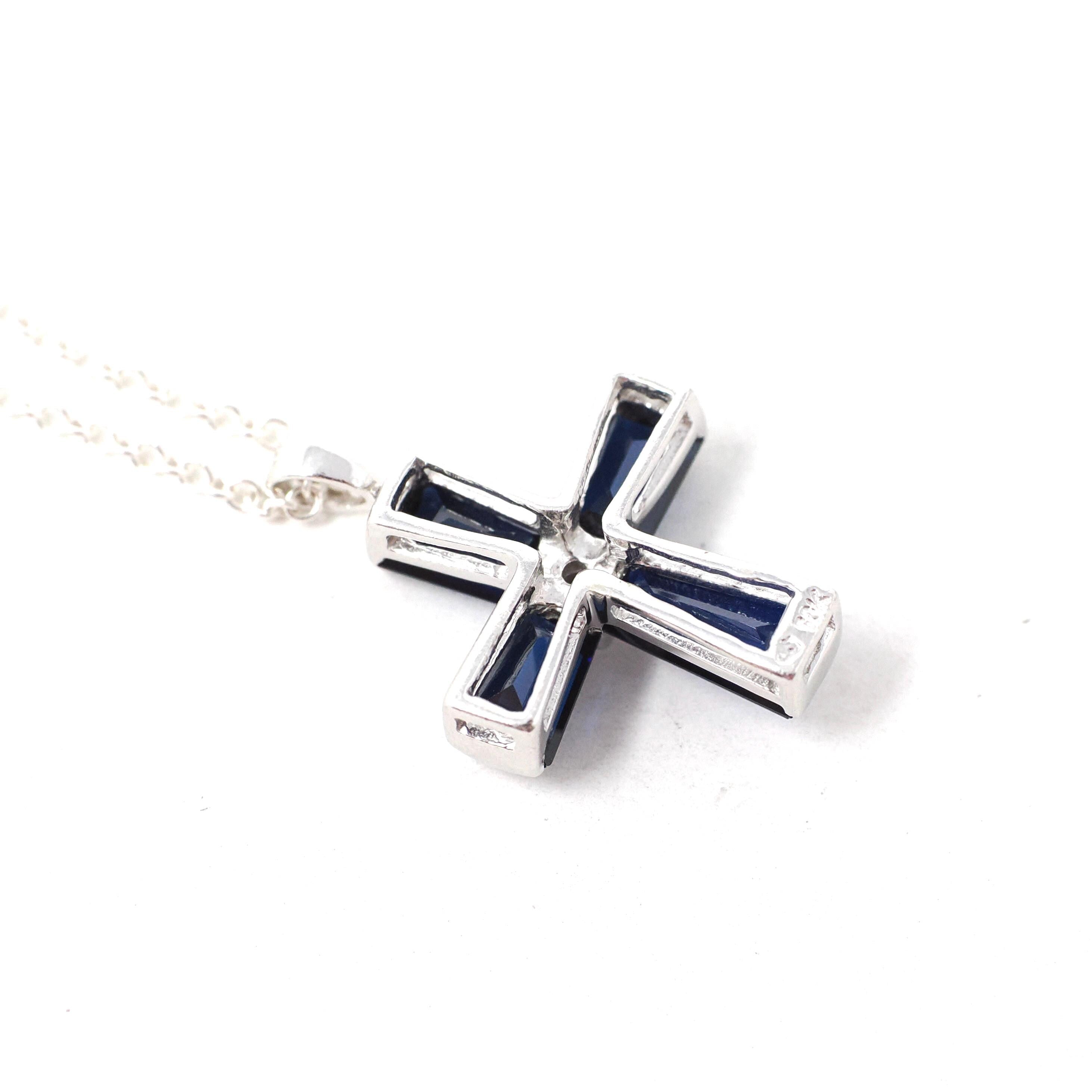 Created Blue Sapphire Cross Necklace - Modern 10k White Gold Diamond Accent Pendant Charm - Circa 2000s Era Religious Faith Fine Jewelry