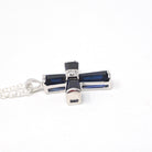 Created Blue Sapphire Cross Necklace - Modern 10k White Gold Diamond Accent Pendant Charm - Circa 2000s Era Religious Faith Fine Jewelry