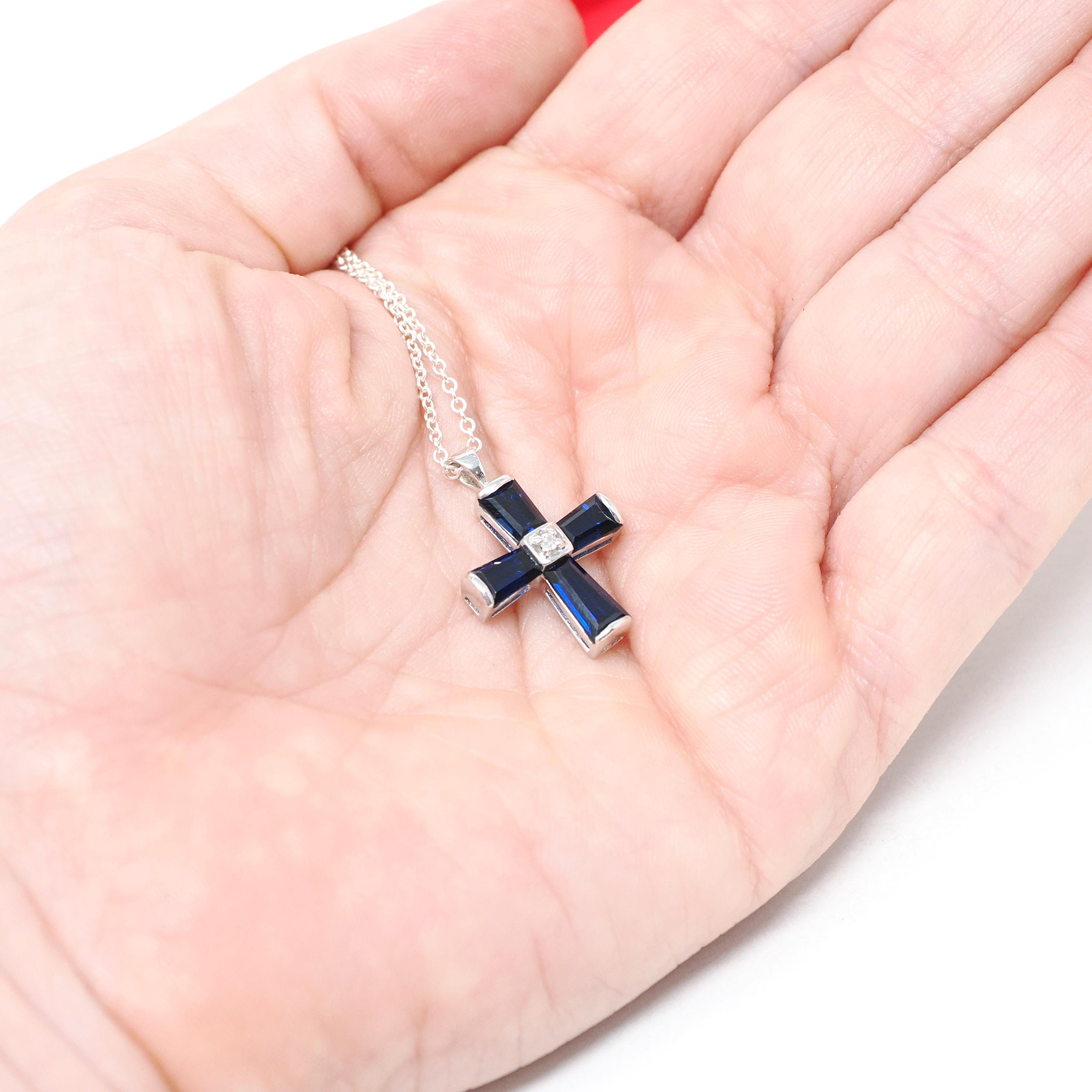 Created Blue Sapphire Cross Necklace - Modern 10k White Gold Diamond Accent Pendant Charm - Circa 2000s Era Religious Faith Fine Jewelry