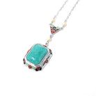 Art Deco Lavalier - Antique 10k White Gold Amazonite Gem & Black Green Red Enamel Charm Necklace - Circa 1920s Era Seed Pearl Fine Jewelry