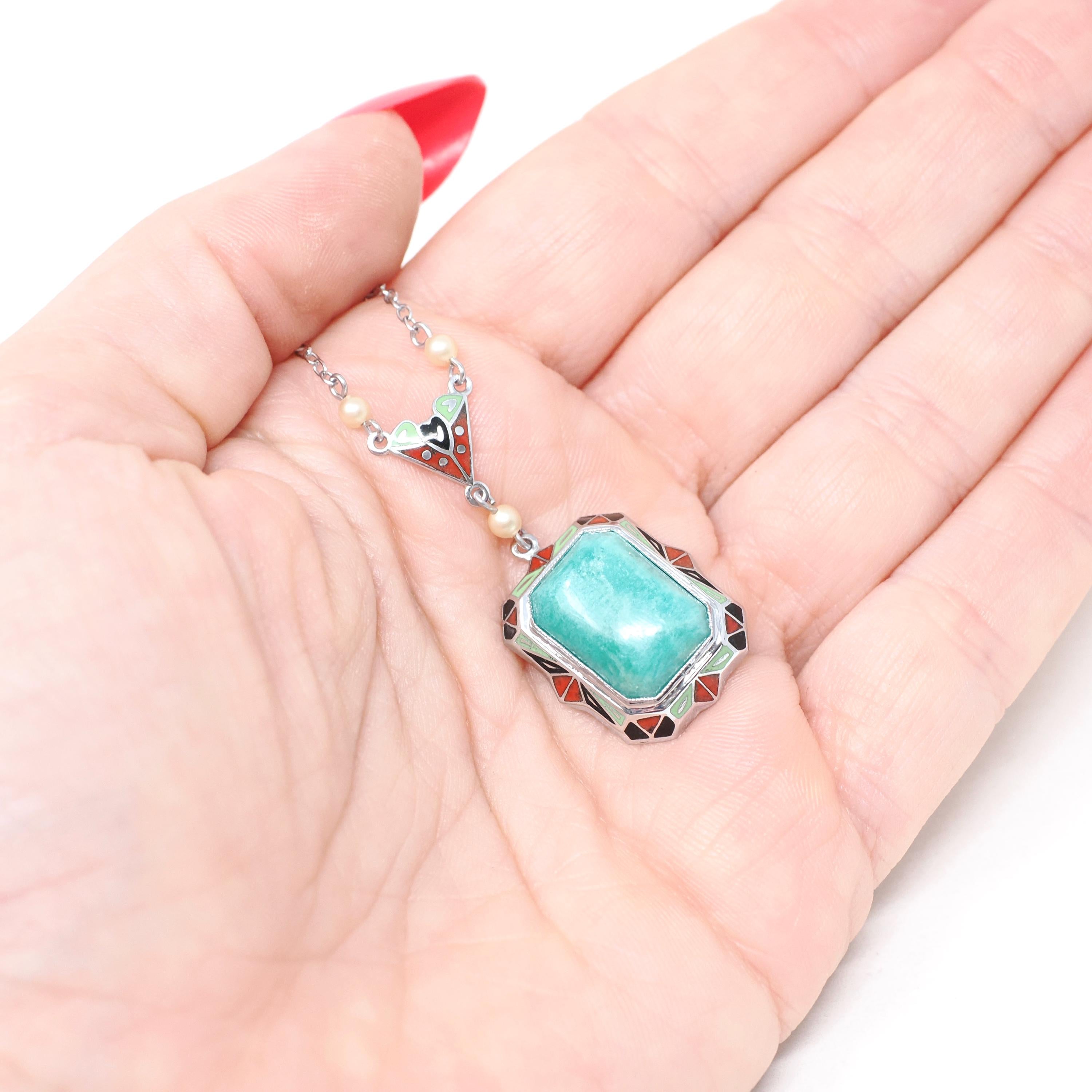 Art Deco Lavalier - Antique 10k White Gold Amazonite Gem & Black Green Red Enamel Charm Necklace - Circa 1920s Era Seed Pearl Fine Jewelry