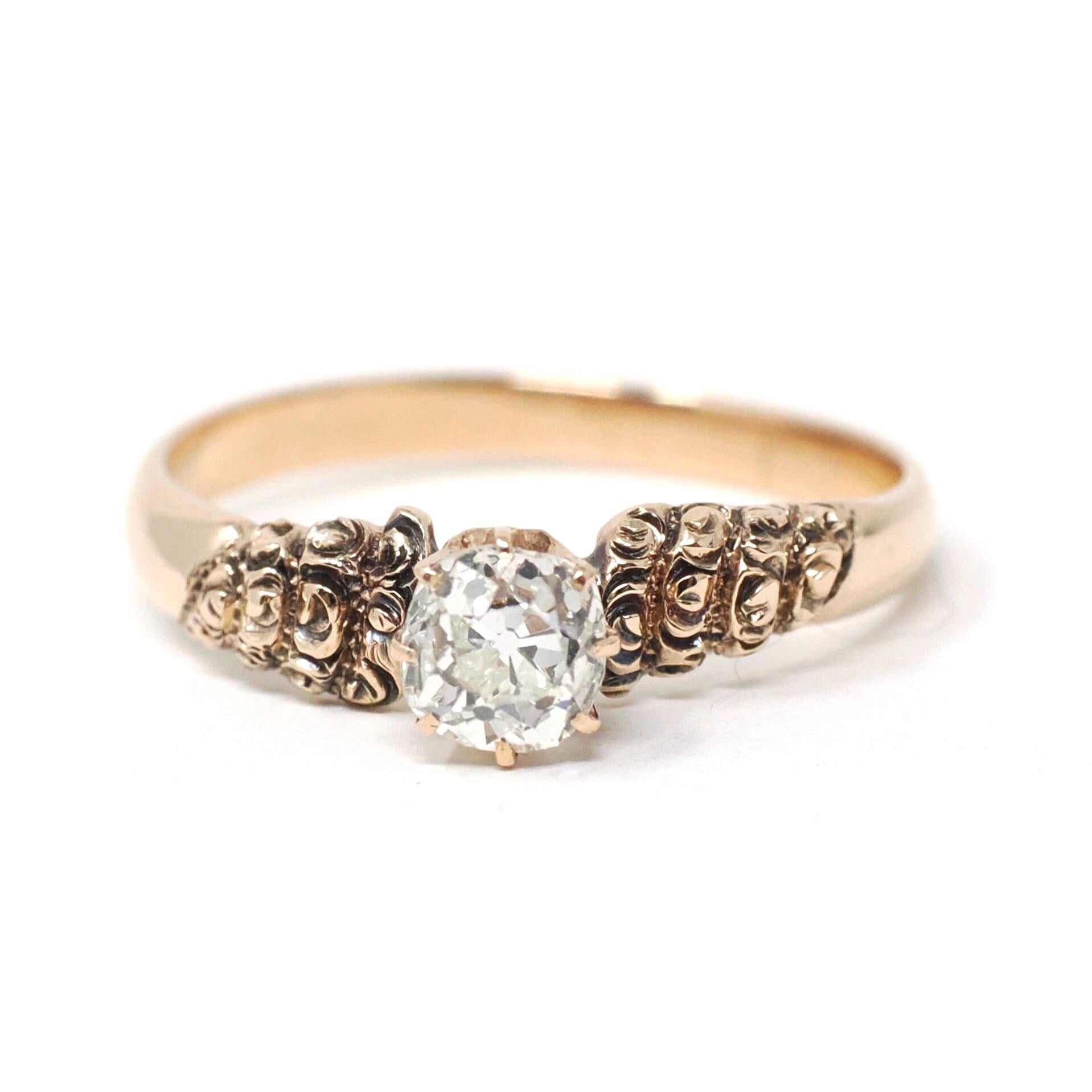 Victorian Diamond Ring - Antique 14k Rosy Yellow Gold .49 CT Old Mine Cut Handmade Solitaire - Circa 1890s Size 7 Fine Floral Bridal Jewelry