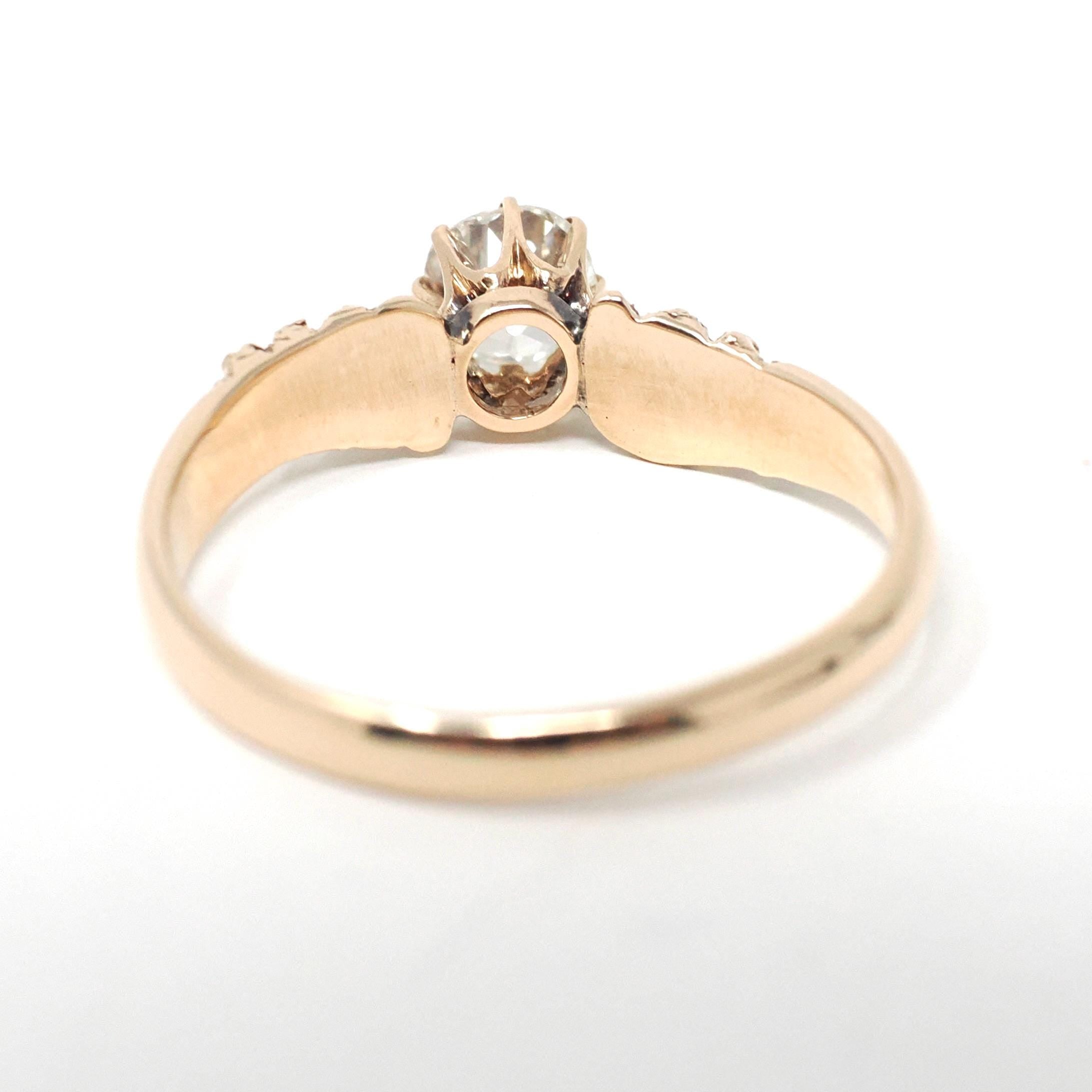 Victorian Diamond Ring - Antique 14k Rosy Yellow Gold .49 CT Old Mine Cut Handmade Solitaire - Circa 1890s Size 7 Fine Floral Bridal Jewelry