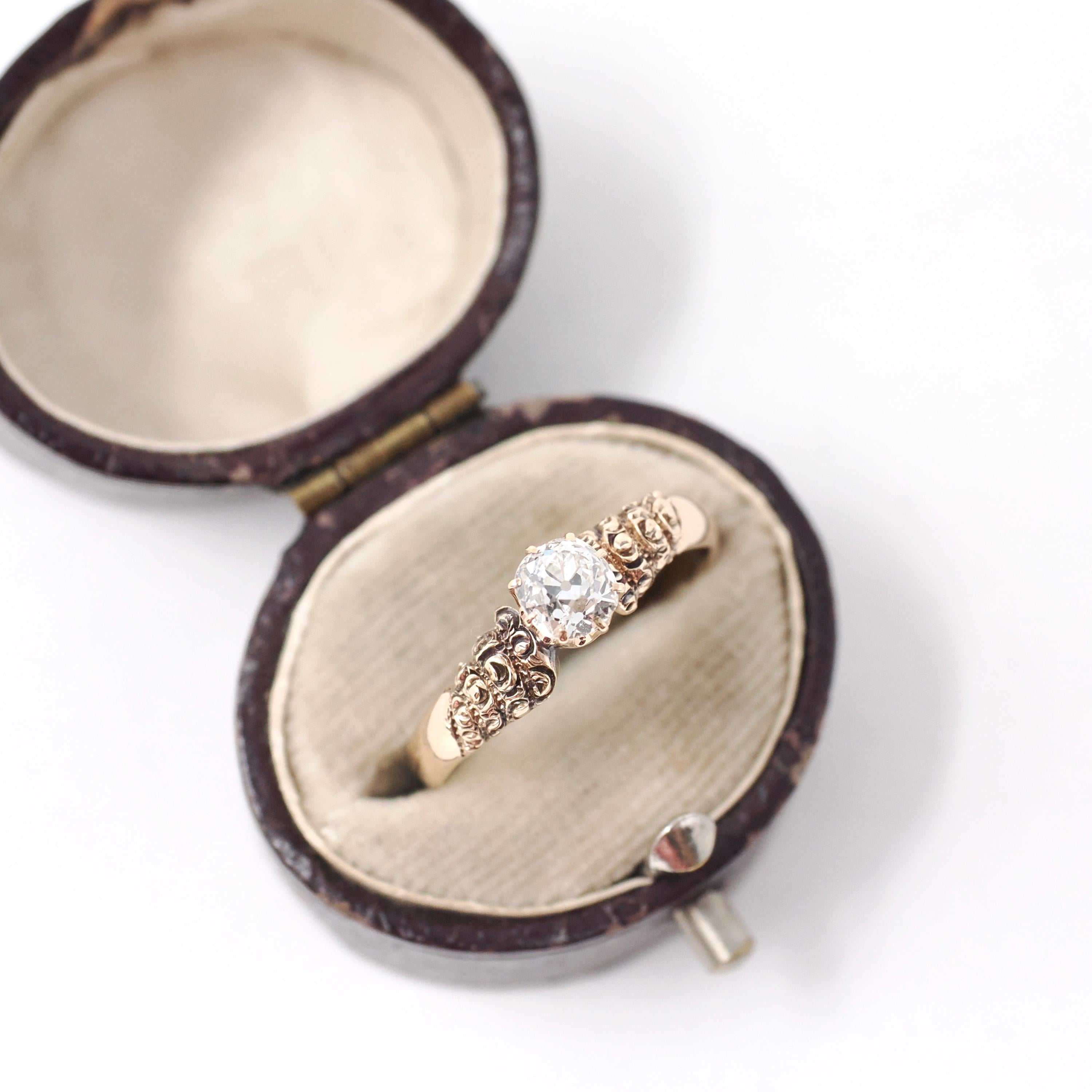 Victorian Diamond Ring - Antique 14k Rosy Yellow Gold .49 CT Old Mine Cut Handmade Solitaire - Circa 1890s Size 7 Fine Floral Bridal Jewelry