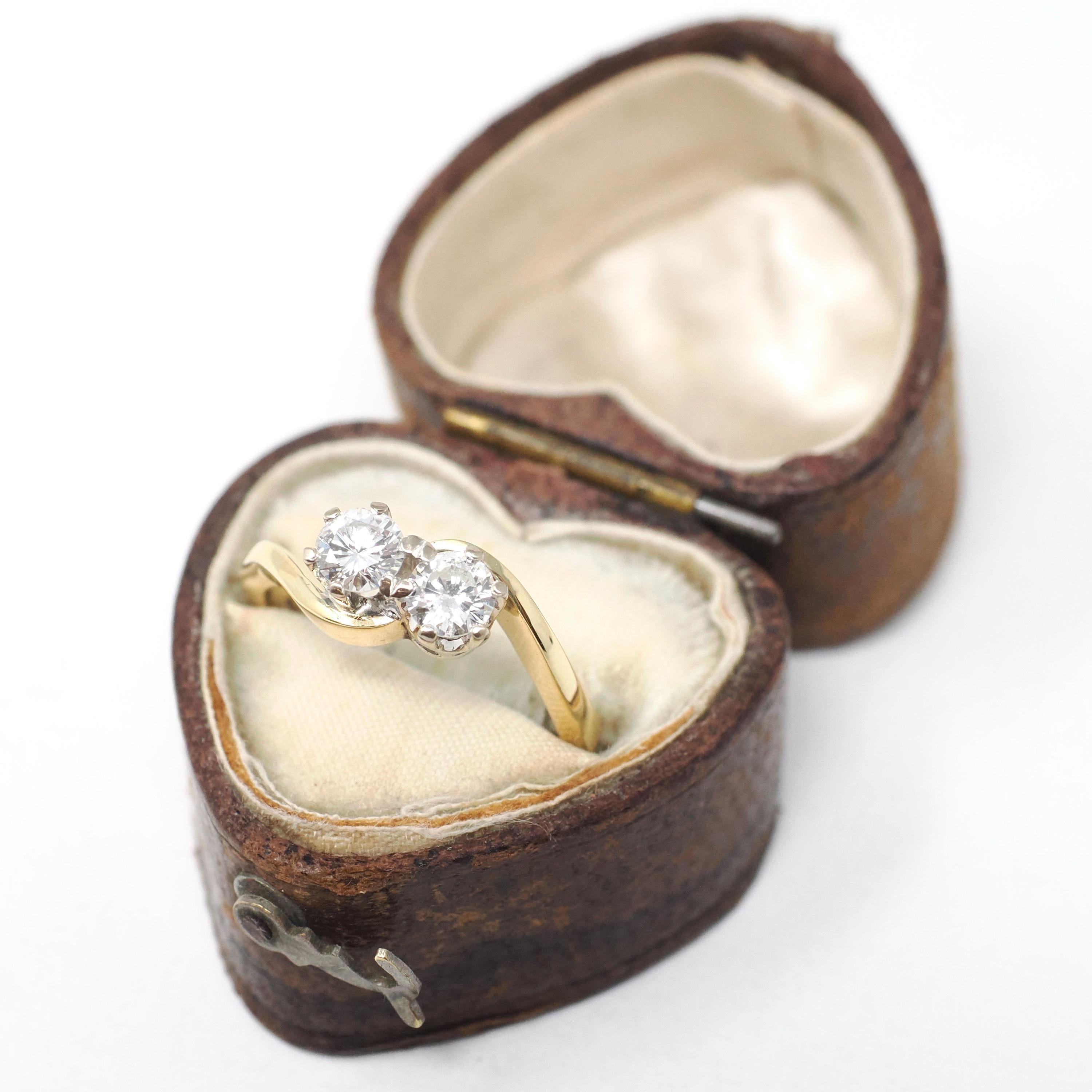 Toi Et Moi Ring - Modern 18k Yellow Gold & Platinum .50 CTW Two Stone Bypass Band - Estate Hallmarked 1989 Size 5 Fine Jewelry